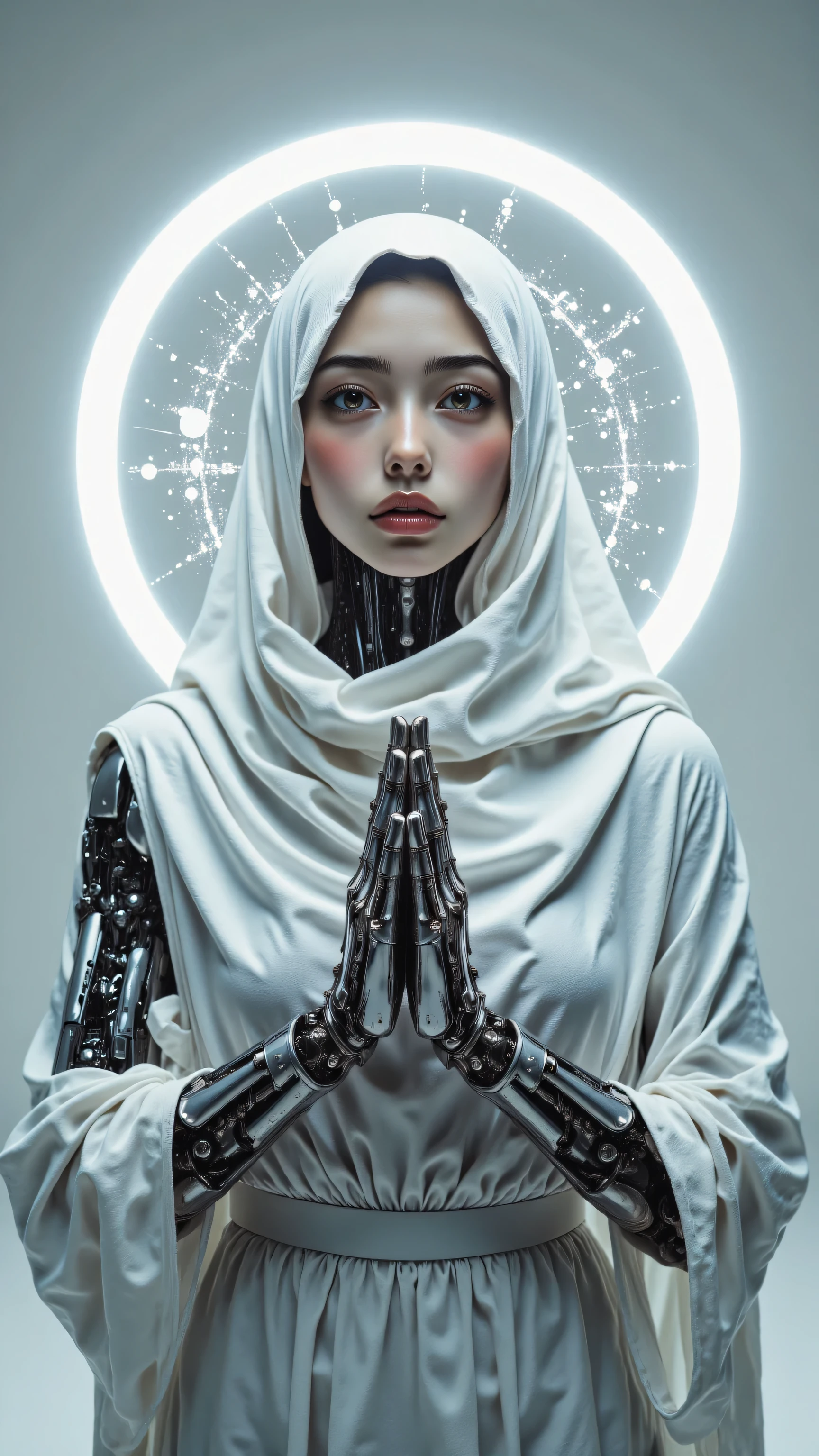 8k, Masterpiece, Top Quality, medium shot, eye-level shot, woman, hooded, face hidden in shadow, detailed metallic robotic arms and hands, wearing draped white fabric hood and robes, standing, hands clasped together in prayer pose, glowing white technological halo ring above head, digital pattern interface on halo, plain minimalist light grey gradient background, soft ambient light, cool lighting, light emanating from glowing halo, robotic.