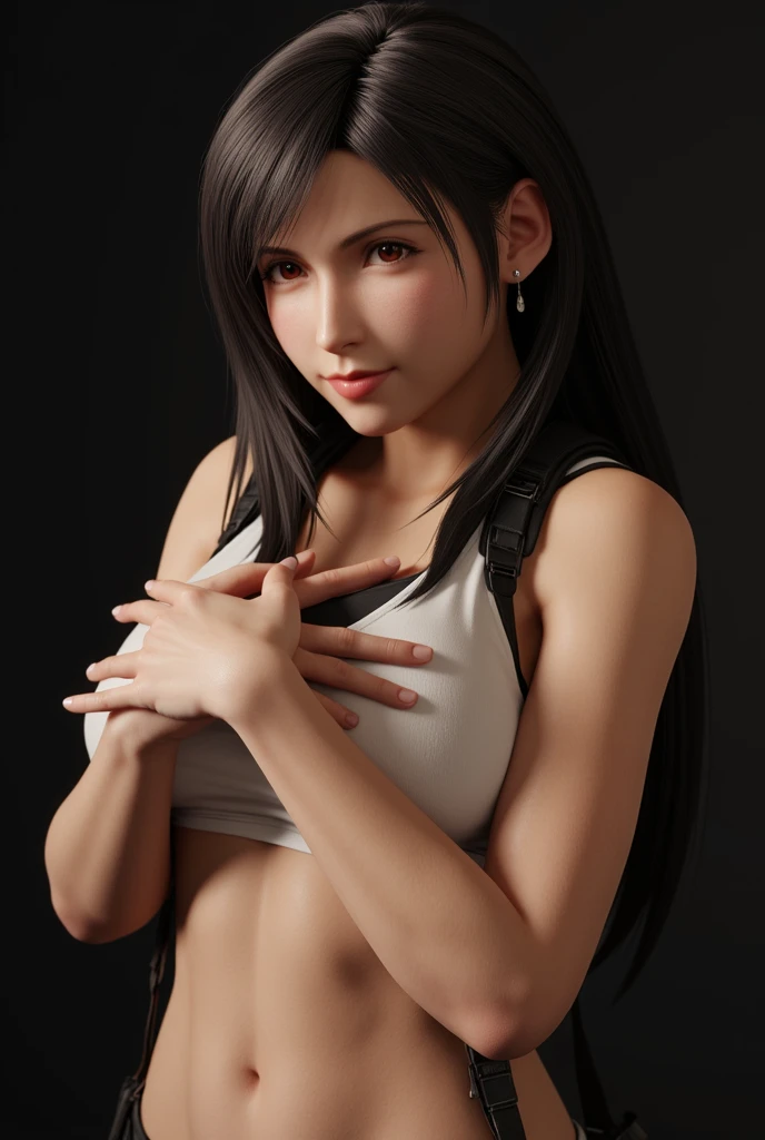 8K, Top Quality, Intricate Details, Ultra Detail, Ultra High Resolution, Masterpiece, close up shot, (full body: 1.1), Slender, Smile, (Makeup: 0.4), (walking), (Fluffy  Eyes: 1.21), ((bangs)), 1girl, solo, 1 girl, (((red eyes, black hair, bangs, long hair)), ((Tifa,Tifa･lockhart,Final Fantasy 7,FF7,l)), close up shot, , ((tall)), (((fit body))), (((slim face))), sharp face, ((naked )) , (detailed face), sharp face, small lips, ( walking), walk pose, walking pose, 
 ((,  )), , ((,)), detailed face, detailed breast, large breast, ((detail nipples )), detail ass, Narrow Waist, Skinny, tall , 175 cm tall, Muscular, Navel, Exposed Abdomen, Pointed Chest,, Beautiful girl with accentuated slender abs: 1.4, Six Pack Abs: 1.4,, Perfect Body, detail leg, (( dark background)), black background,