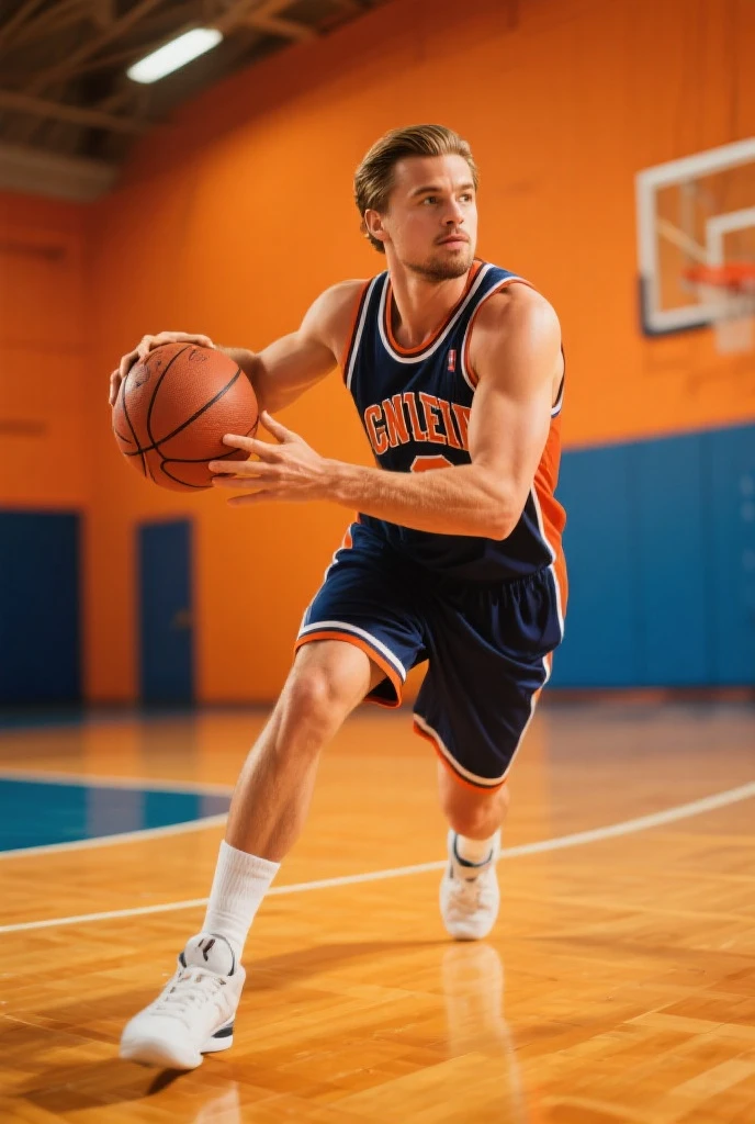 An 18-year-old boy jock, embodying the perfect fusion of Joey Lawrence and Cody Calafiore with long hair, exuding a smug and arrogant aura. Enhanced with HDR technology, this image depicts a true masterpiece, 4K resolution, in the style of Sports Illustrated, basketball shorts