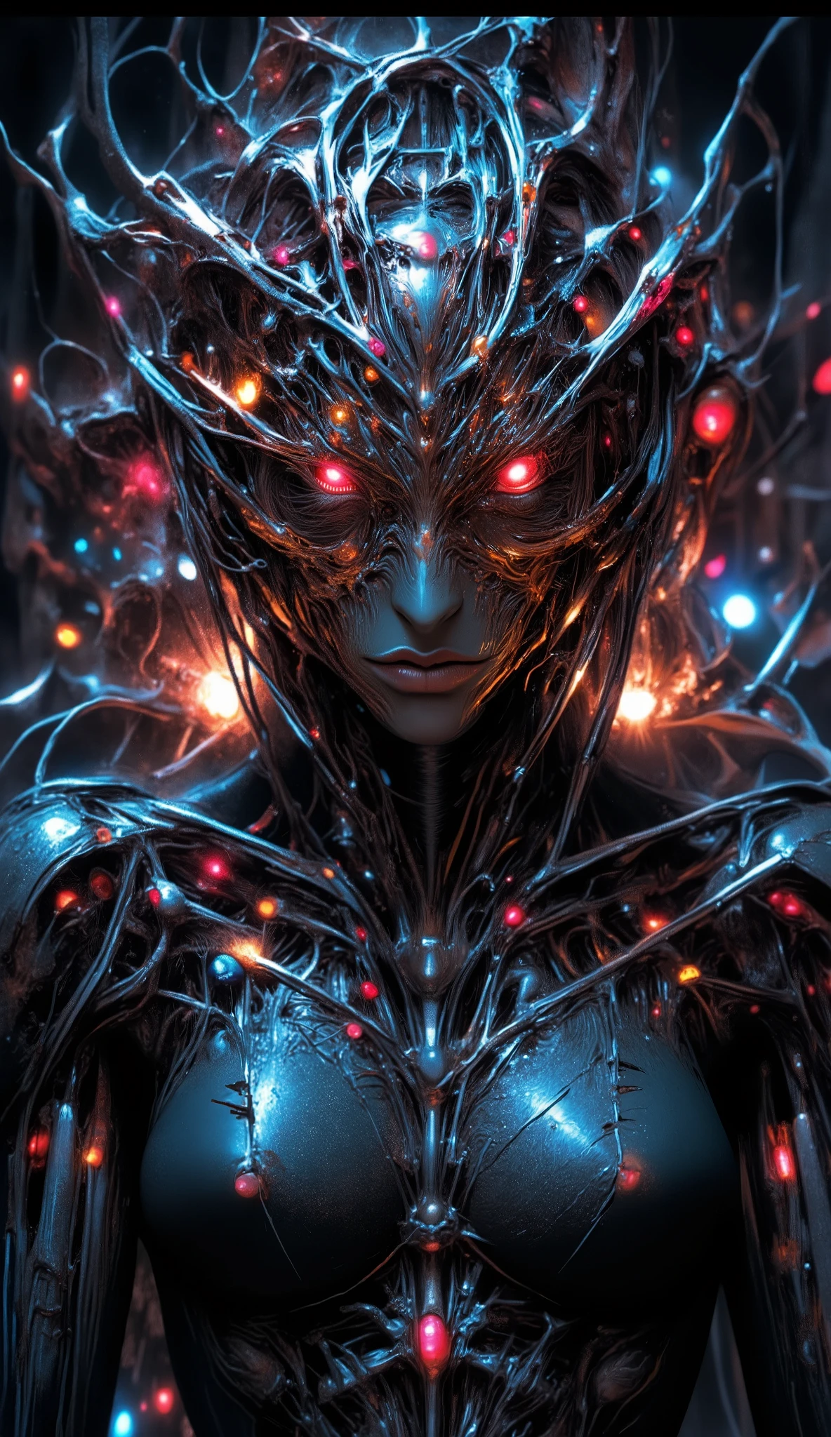 Horror anime biomechanical woman, nightmarish design, exposed machinery, torn synthetic skin, multiple crimson eyes, broken cybernetic limbs, abandoned laboratory, eerie lighting, grotesque textures, disturbing horror aesthetic, highly detailed.
