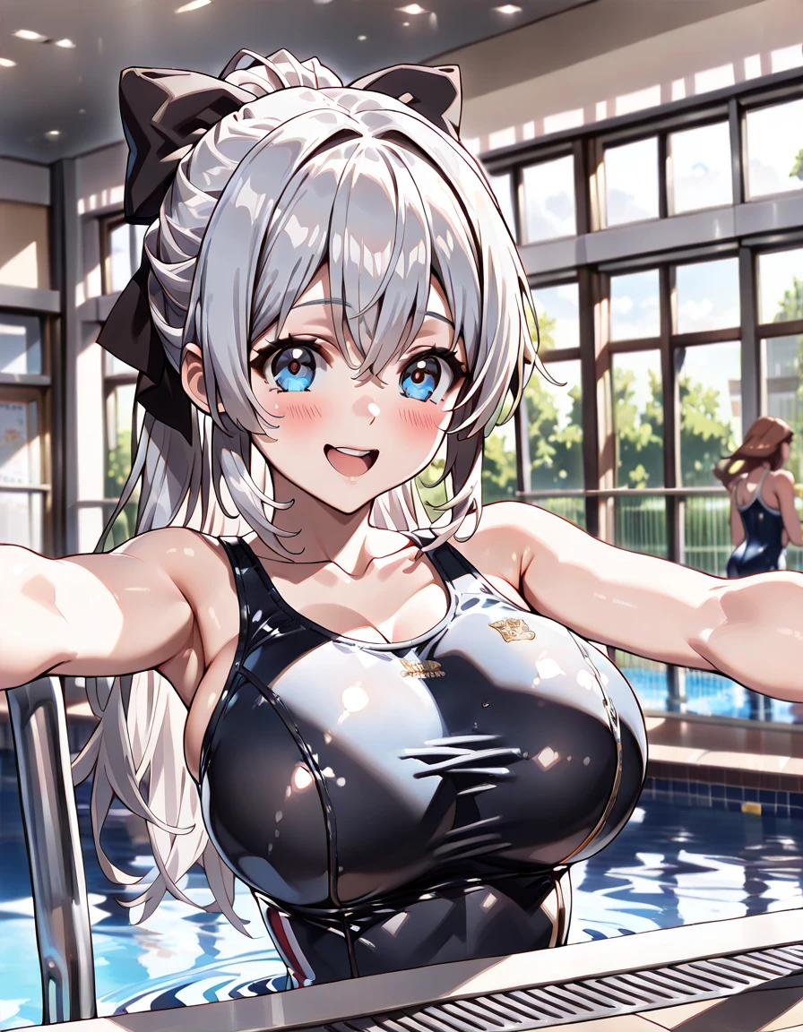 Realistic, photorealistic portrait of a beautiful young woman with thick thighs, silver short hair、Blue eyes、(eye focus:1.3, face focus, cowboy shot),(Gradient eyes:1.3),(mini skirt: 1.5, showing panties, sitting
)、(scornful grin:1.3), (tareme:1.3),4K resolution, best quality, masterpiece, ((Raise your arms, Expose your armpits)), thick muscular thighs, (strong wrestler, wrestling wear), (wet body: 1.3), (steam: 1.3)
