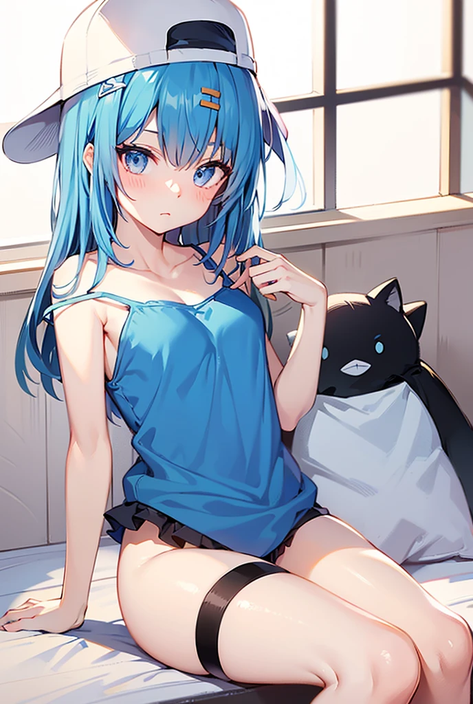 (masterpiece, best quality), ((cat ears)) beautiful girl, uniform skirt, bra, no shirt, lying down, (detailed beautiful eyes) underwear, full body shot, visible bellybutton, turquoise