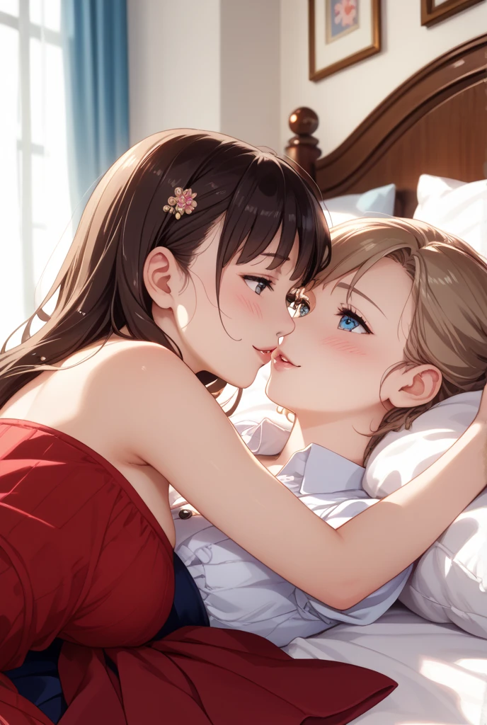 A mother kissing her daughter on the lips
