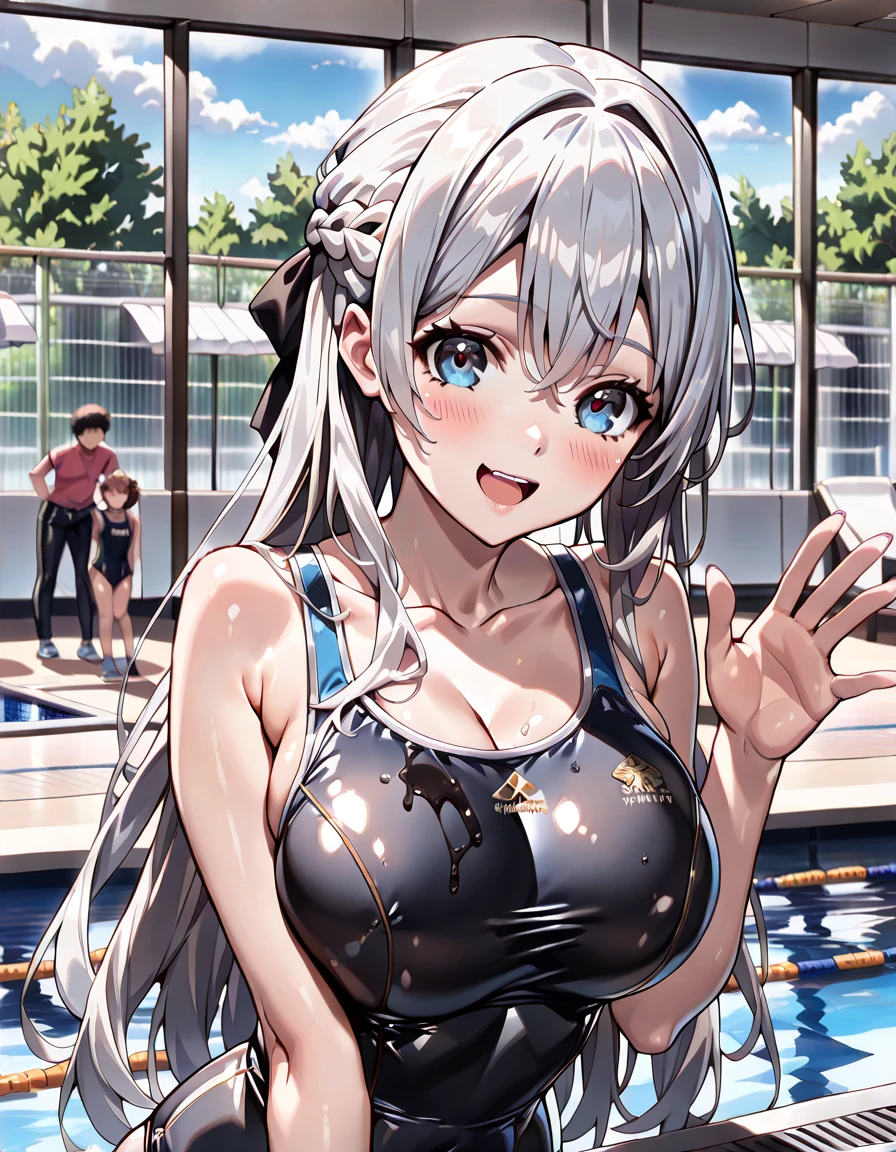 Highest quality, detailed, 8k, 4K, detailed beautiful girl, Highest quality, High resolution, high school girl、Smooth Skin, outside, Browsing Caution, School swimming pool、Wear a school swimsuit、are outside、Large Breasts