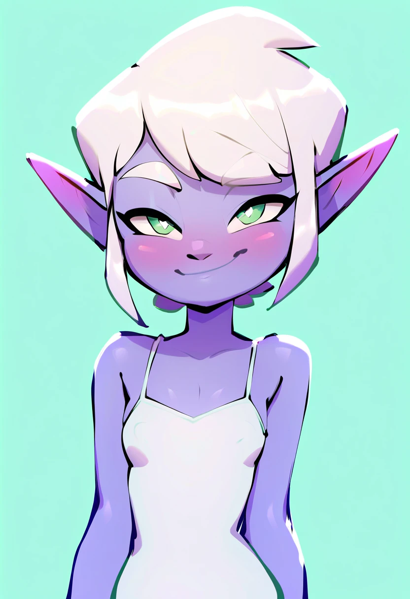 (score_9, score_8_up), score_7_up, score_6_up, Coqueline, CoquelinePXL,, 1girl, blue skin, pink hair, blue eyes, skull hat, pointy ears, short beige dress, sleeveless, bare shoulders, halterneck, upper body, purple background; :D, fangs, peace sign, v, looking at viewer, slit pupils,