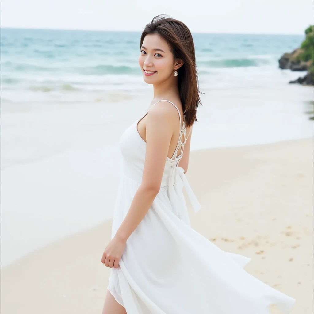 （top-quality、8K、32K、​masterpiece,)Beautuful Women、On the beach, evening、Walking、Taking a walk、White long dress、cheeky-smile、beautiful sunset sea、Looking at the sea、Shot from the side、eyes are shining、hair is blowing in the wind