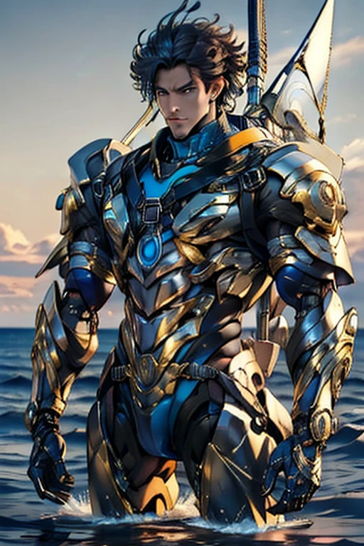 (photorealistic, masterpiece, detailed face, best quality, highres, 4k), Fantasy art style, imagine the astrological sign of Cancer the nurturing crab as portrayed by a gentle and sensitive young male model with a mysterious air. He emerges from the ocean onto a moonlit beach wearing skimpy shimmering silver-blue armor symbolizing his protective instincts and connection to the ocean, sexy armor, slim physique, twink