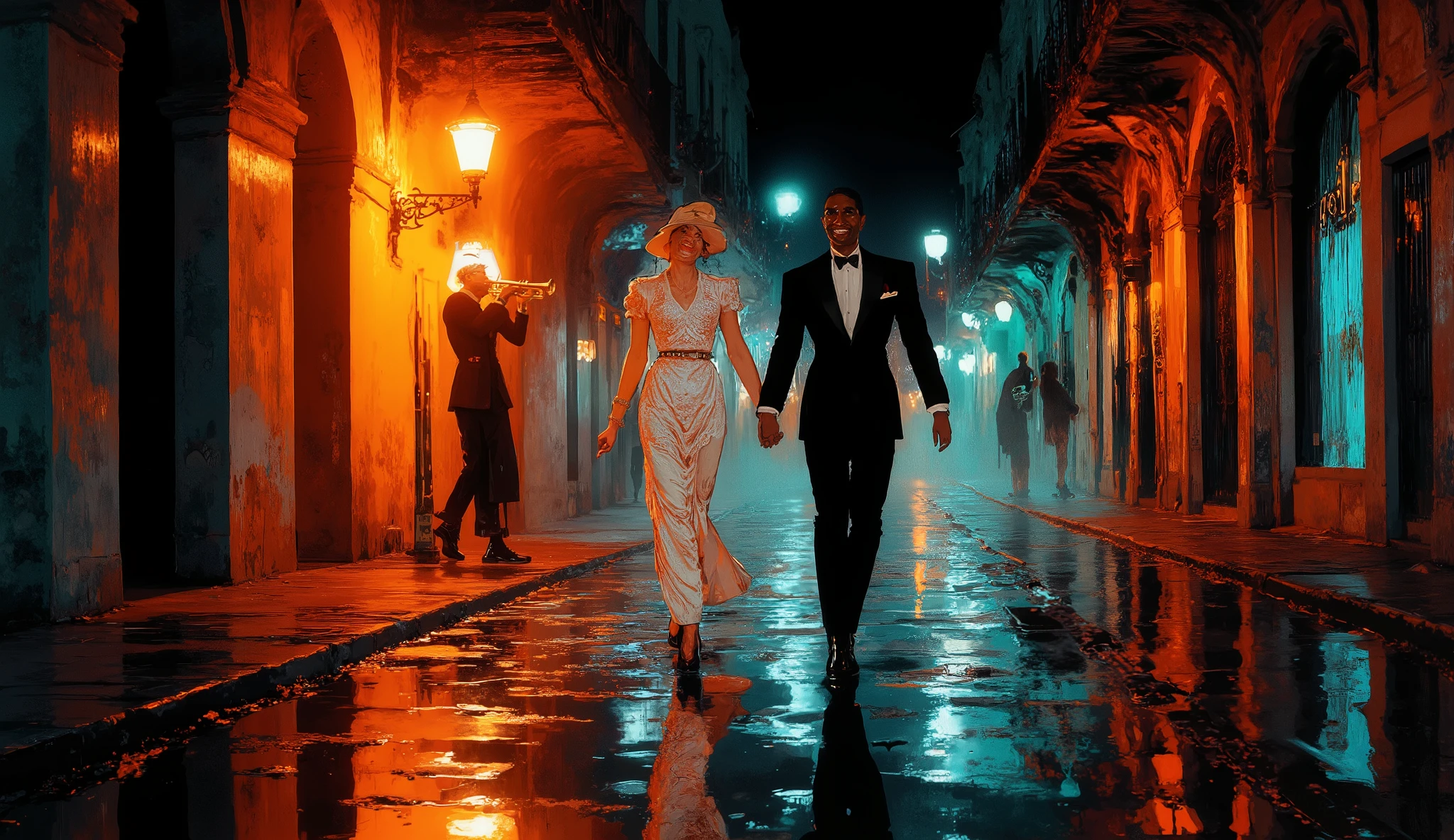Fashion illustration of a couple walking hand-in-hand down a cobblestone street in historic New Orleans at night, with a black man playing trumpet near a streetlamp. The night is alive with color—rusty red, antique ruby, and midnight green hues. The couple is dressed in vintage 1920s attire, elegant and joyful, with a soft glow of UV blacklight accentuating the scene. Volumetric light beams filter through the misty air, capturing the happiness and musical vibrance of the city.