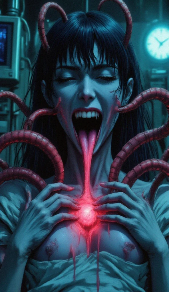 ((best quality image)), ((horror fantasy masterpiece)), (hyper detailed),alluring features((best quality dramatic lighting)), ((shockingly morbid masterpeice ))
A beautiful woman with visible inner anatomic writhing spiraling out of body and brain, striking facial features, jarring expression, grotesquely beutiful image, stark, demonic possesion beneath the surface, phobia, Nightmare inducing, gorey,hyperstylized horror-fantasy ,hyper exaggerated features, lucid atmospheric terror, fingering her female genitalia abaritions with tongue slinking elongated entering her butt and genatalia, ghastly and perverse image, phantoms cunnilingus, harrowing, Unsettling, gynecologic, Graphic,stunning hellscape, extreme, shockingly morbid