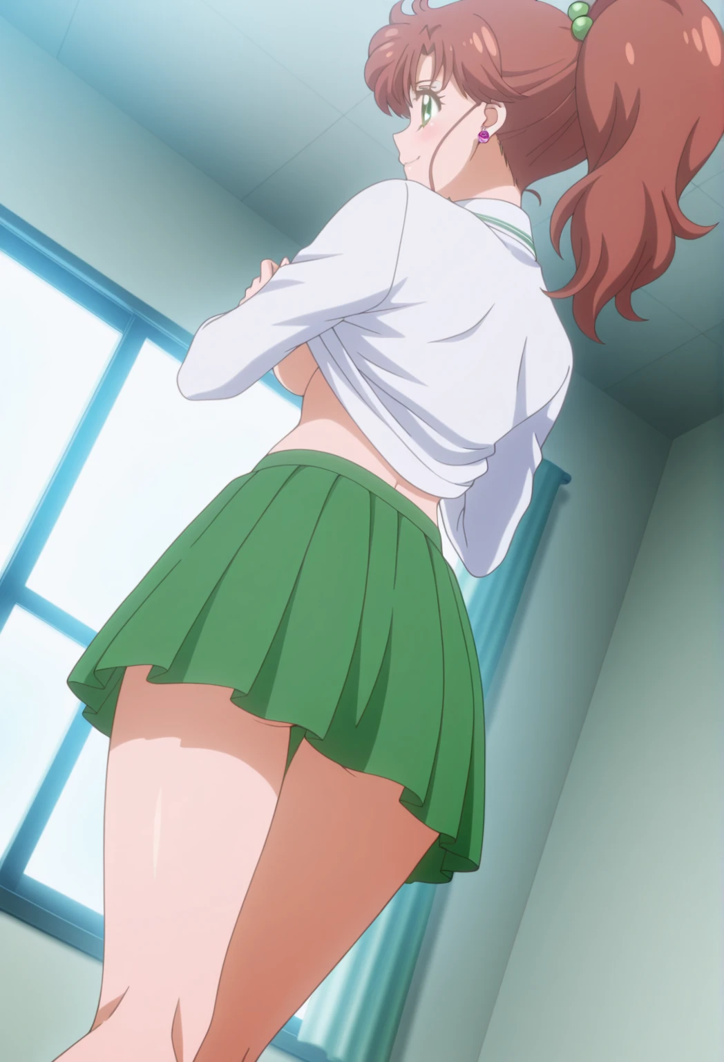[[anime styled]],[[digitalart]],Best Quality,akane_asahina,over-rim glasses,(very short hair,hairclip,forehead,90-10 right part hairstyle),(school uniform,cream colored jacket),((brown pleated skirt)),NSFW,1girl in,standing,From below,Looking at Viewer,(up skirt),(Skirt lift),blush,embarrassed,Dissatisfaction,anime screen cap,Flat color,cel shading,((tucking up the skirt)),((lite green Panties)),short torso,Show panties,pantyshot,