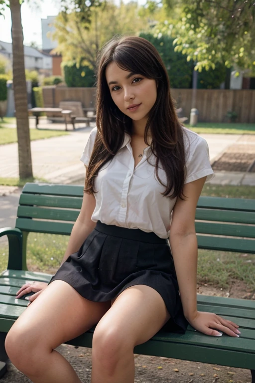 A 45-year-old black-haired woman wearing silk underwear on a park bench and smiling as she shows her panties with open legs