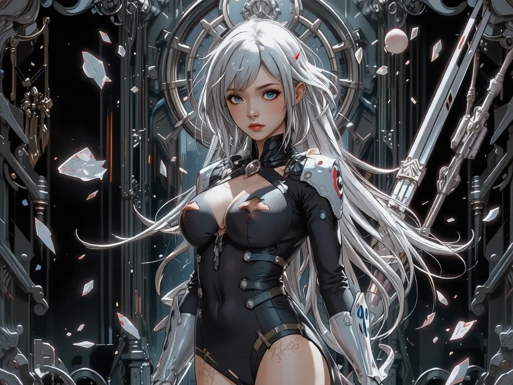(((Masterpiece))), ((Best Quality)), (Super Detail), (CG Illustration), (Very Evil and Beautiful)), Cinematic Light, ((1 Mechanical Girl)), Single, (Mechanical Art: 1.4), ((Mechanical limb)), (Blood vessel attached to a tube), ((Mechanical spine attached to the back)), ((Mechanical cervical vertebrae attached to the neck), (Back to the viewer)), expressionless, ( Wires and cables attached to the head and body: 1.5), Science Fiction, Apocalypse, Ruins, (Lower Body Integrated with Mechanical Devices), (Blood: 1.5), Cruelty, Absurdity, Eroticism, Fusion with Machines, Doomsday Time, Super Future, Inorganic, Laboratory, Restraint, (Beautiful Indulgence: 1.2), (1 Girl: 1.3), Body Wrapped Around Mechanical Tentacles