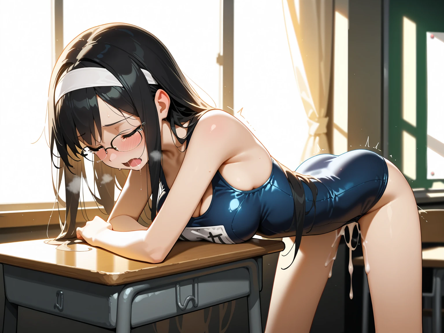 high quality、最high quality、All limbs、Ultra - High resolution、full finger、Slender beauty、smile、Wearing a shiny school swimsuit、shiny skin、black knee highs、Bedroom、Dramatic sentences, break, NSFW, ( vagina , sex:1.5),( gang rape:1.6), (cum in pussy:1.3), pussy, pillow, No correction, throw, Raise the hand, bangs, (( on body:1.3))