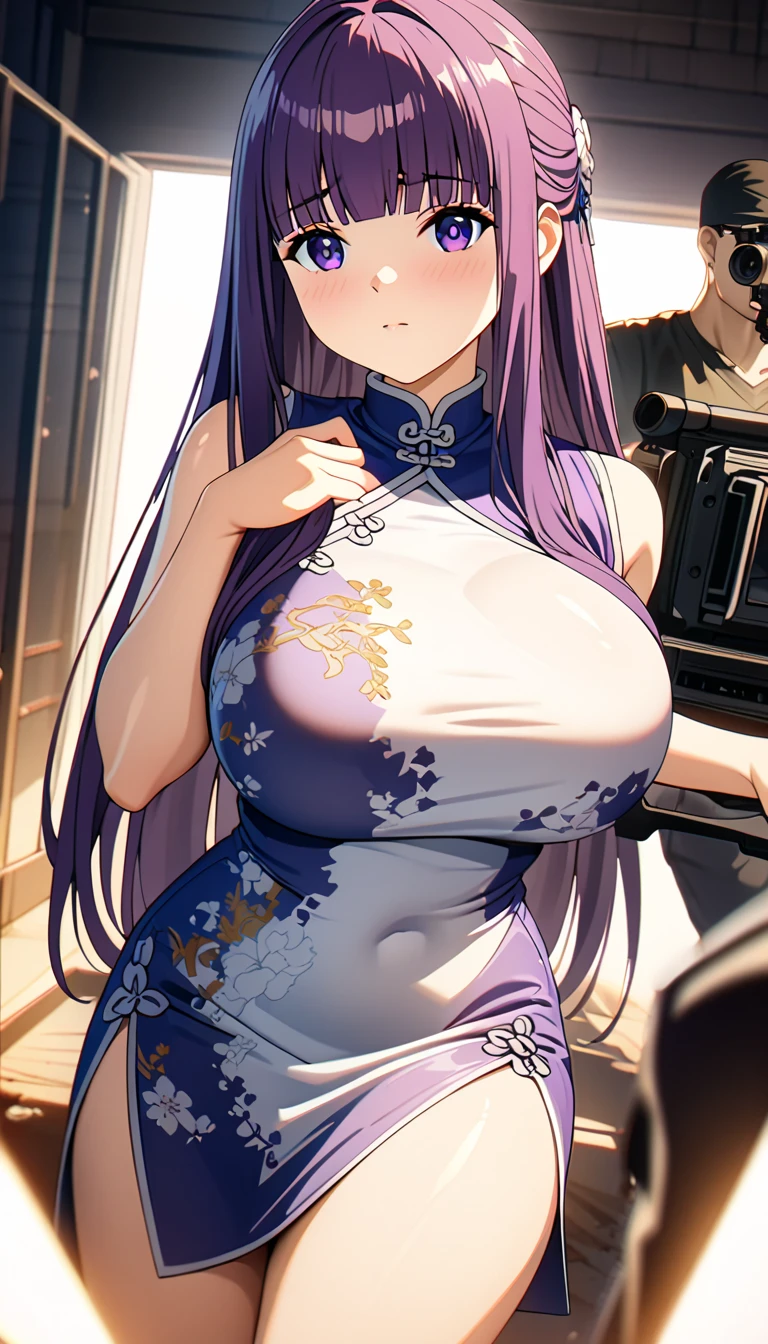 masterpiece, best quality, ultra detailed, sparkling eyes, ((large breasts)), (erect nipples), (((fellatio gesture))), a character in an anime style with long, flowing purple hair that reaches past her shoulders. She has striking pink eyes that appear to have a soft, floral pattern in the irises, adding a unique touch to her expression. The character is wearing a form-fitting, black, high-neck sleeveless outfit that accentuates her figure. She has a somewhat shy or contemplative expression, background is locker room,