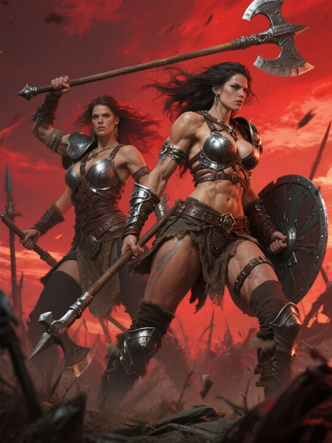 (((1 Female))) barbarian, full body, short hair, black hair, bright yellow eyes wolf fur coat, pants, red hood, axe, muscular, war paint, black forest, shadows
