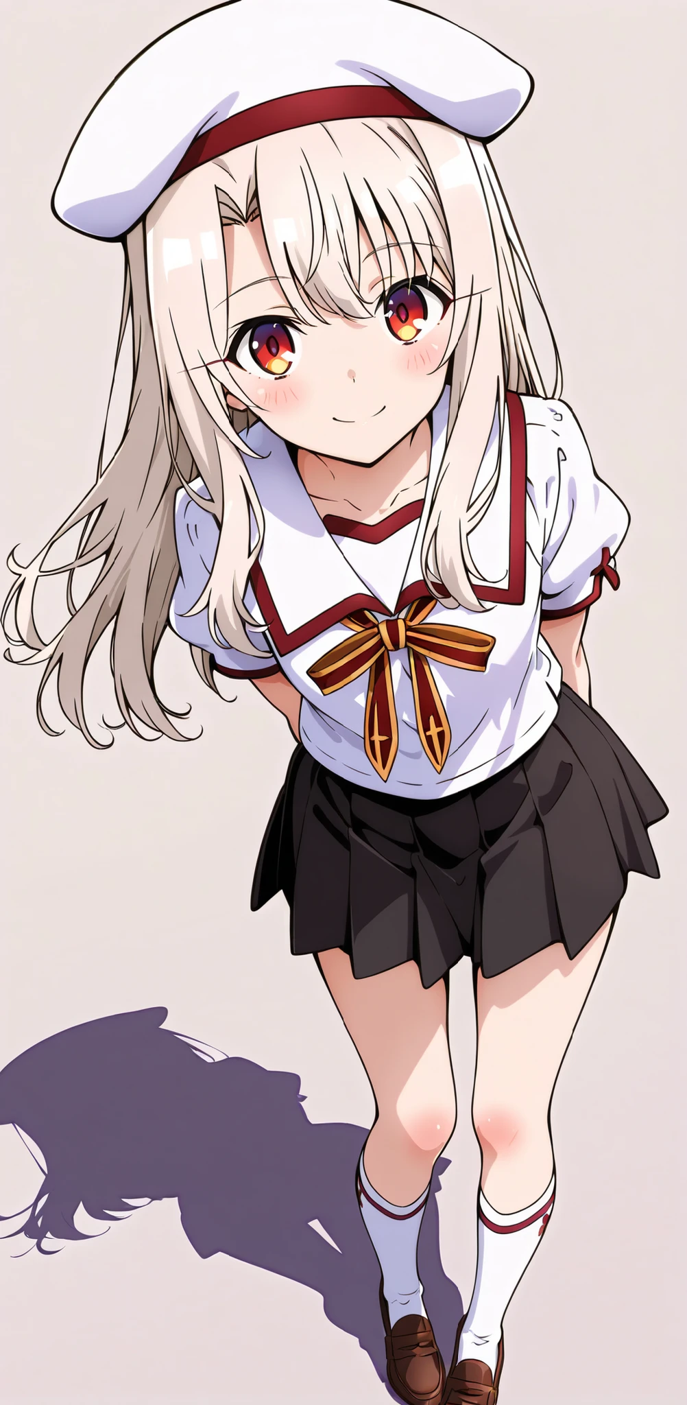 masterpiece,high resolution,Highest Quality,8k,((Highest Quality)), (masterpiece)), (details: 1.4), high resolution, (masterpiece: 1.4), 超details、aaillya, long hair, blonde hair, beret, white headwear, red eyes, school uniform, collarbone, neck ribbon, white shirt, puffy short sleeves, pleated skirt, black skirt、staring at the viewer, full body、Viewers love it、smile、dynamic angle、
