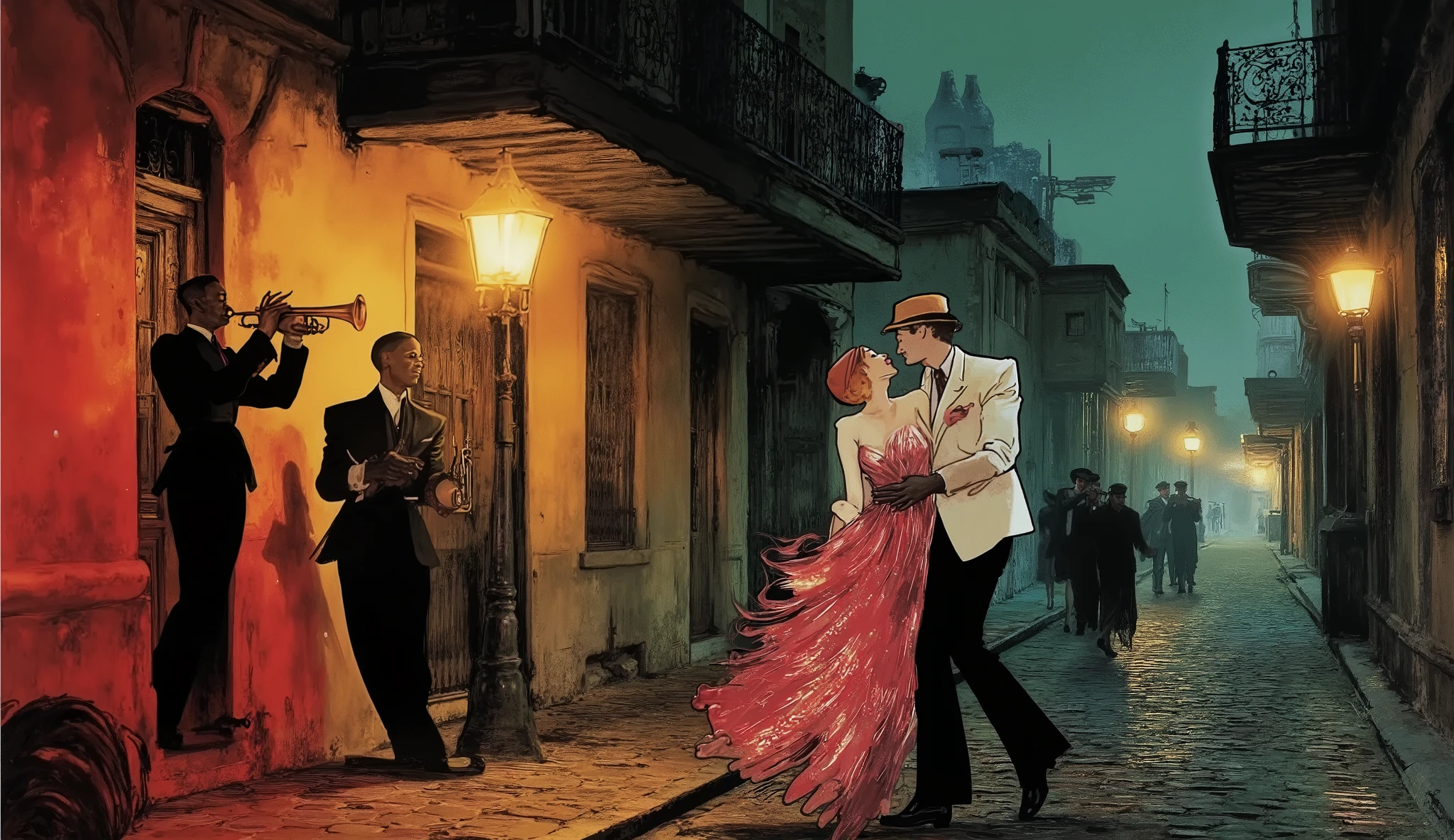 Fashion illustration of a couple walking hand-in-hand down a cobblestone street in historic New Orleans at night, with a black man playing trumpet near a streetlamp. The night is alive with color—rusty red, antique ruby, and midnight green hues. The couple is dressed in vintage 1920s attire, elegant and joyful, with a soft glow of UV blacklight accentuating the scene. Volumetric light beams filter through the misty air, capturing the happiness and musical vibrance of the city.