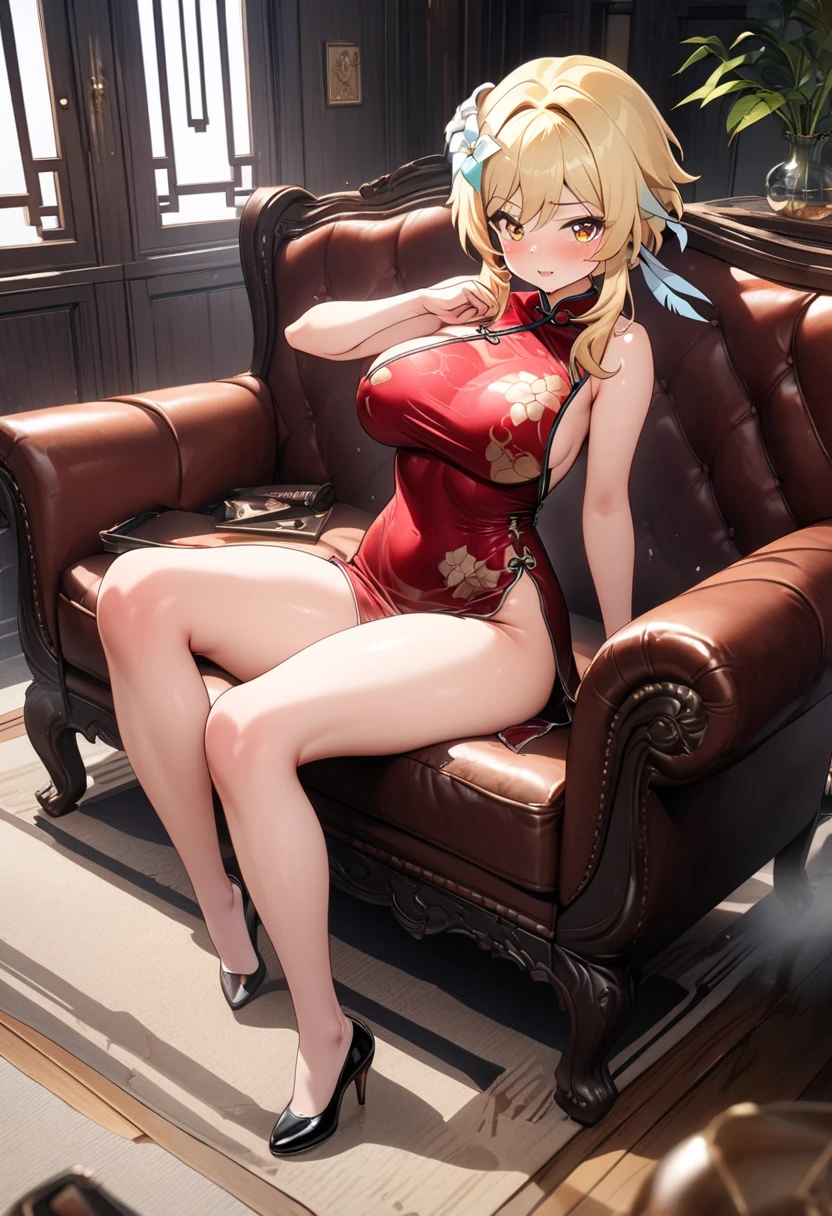 A perfect depiction of beautiful hands and fingers(Increase contrast)、(Increase saturation)、(25 year old super beautiful girl)、(Fair skin)Beautiful woman with perfect figure、(((Troubled face))Shoulder-length hair、Blonde、Hair over the ears、Realistic eyes、Natural Makeup、(((Are crying)))、Super big boobs、(((((((A sexy red dress with a bold diagonal cut、Cleavage、Ultra mini skirt)))))))((Gorgeous high heels)) (((Urban and sophisticated interior、Luxurious sofa)))Embarrassed(((sit、Sexy posture)))Super big 、Narrow waist、Long legs