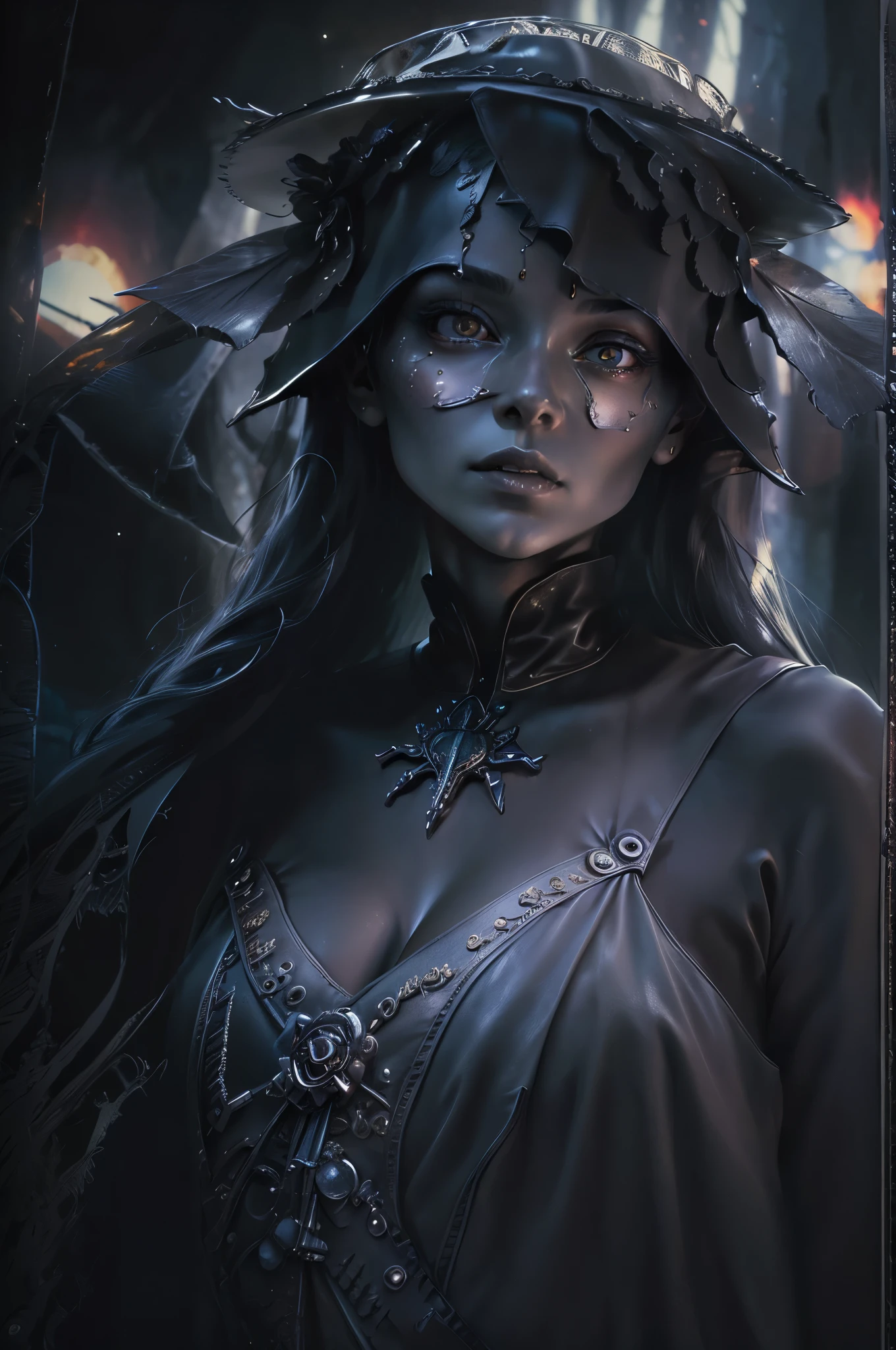 a girl in a medieval environment, witch dress, long black dress, witch hat, blue aura radiating from her body, (best quality,4k,8k,highres,masterpiece:1.2),ultra-detailed,(realistic,photorealistic,photo-realistic:1.37),1girl,portrait,fantasy,magic,dark fantasy,halloween,dramatic lighting,cinematic lighting,chiaroscuro,dramatic shadows,moody,mystical,occult,supernatural