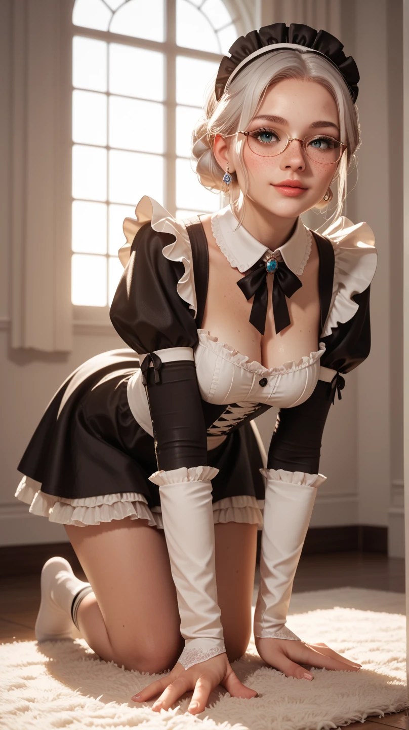 Il y a une femme adulte avec des lunettes,dans une cuisine , assise sur la table , les jambes écartées, spreading legs, vue de face, front view, close up, wear an apron, culotte dentelle blanche, white stockings, cheveux noirs et mèches violettes, oreilles de chat sur la tête, gros seins, belle poitrine , Décolleté important, Avatar de seconde vie, Belle capture d’écran, charme , Seconde vie, Plan rapproché du corps entier , femme séduisante, portant des lunettes noires brillantes