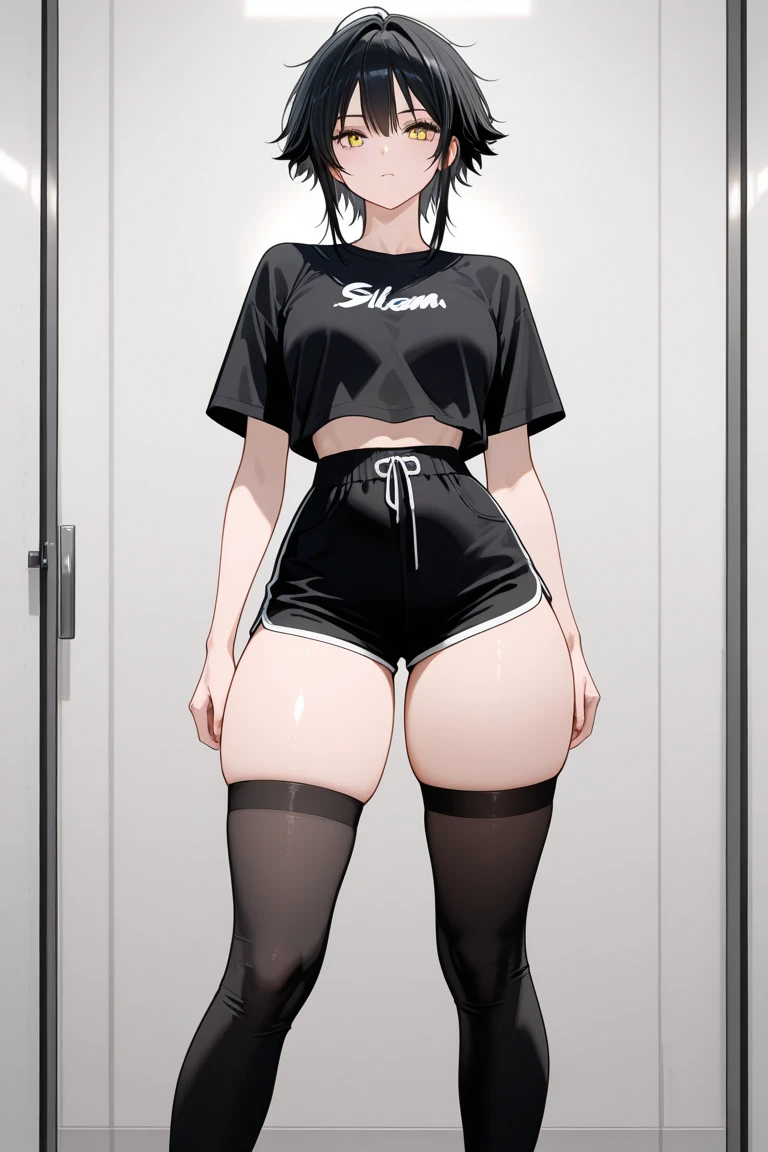 1girl,goth, fair skin, hair bangs covering her eyes, no eyes showing, black lipstick, short bob hairstyle, large breasts,slim waist, massive thighs, thick thighs, wide hips, wearing a small tight black t shirt, black panties, barefoot, small feet, nail polish, white background , entire body showing, standing in an empty white room, full body shown 