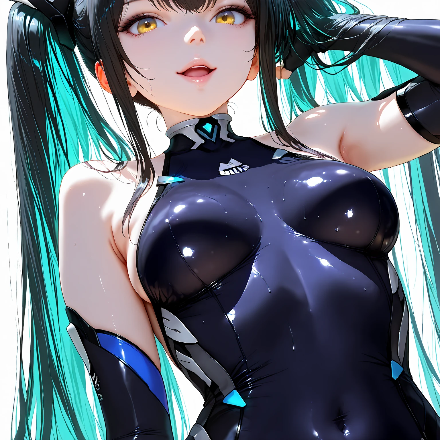 sporty girl with Asian features,(((1girl))),((girl with dark hair and turquoise highlights,)),
(large breasts:1.4),saggy breasts,(((Black hair with turquoise streaks:1.35,straight hair,long hair:1.4,colored inner hair,ear breathing))),(((heterochromia:1.5,eye1 blue,eye2 turquoise))),intricate eyes,beautiful detailed eyes,symmetrical eyes,((fat)),(((lustrous skin:1.5,bright skin: 1.5,skin tanned,shiny skin,very shiny skin,shiny body,plastic glitter skin,exaggerated shiny skin,illuminated skin, wet legs))),(spider lower abdomen,narrow waist,wide hip,athletic body,inflated legs,delicate detailed fingers,detailed body,human hands,(detailed face)),
cute,slutty,seductive,erotic,(((nsfw))),
((one-piece_swimsuit magenta,wearing a one-piece_swimsuit outfit:1.3,magenta armor swimsuit:1.3)),((wet clothes,intricate outfit,intricate clothes)),
(dynamic pose:1.0),embarrassed,(centered,scale to fit dimensions,Rule of thirds),
cyberpunk city by the ocean at night, with bright neon signs and dark stormy clouds and puddles, scenery:1.25,
artistic photography,(photography taken by sldr),highres, sharp focus, (ultra detailed, extremely detailed), (photorealistic artwork:1.37),(extremely detailed CG unity 8k wallpaper),((synthwave background theme)),(((vibrant colors))),(intricate background),(masterpiece),(best quality),