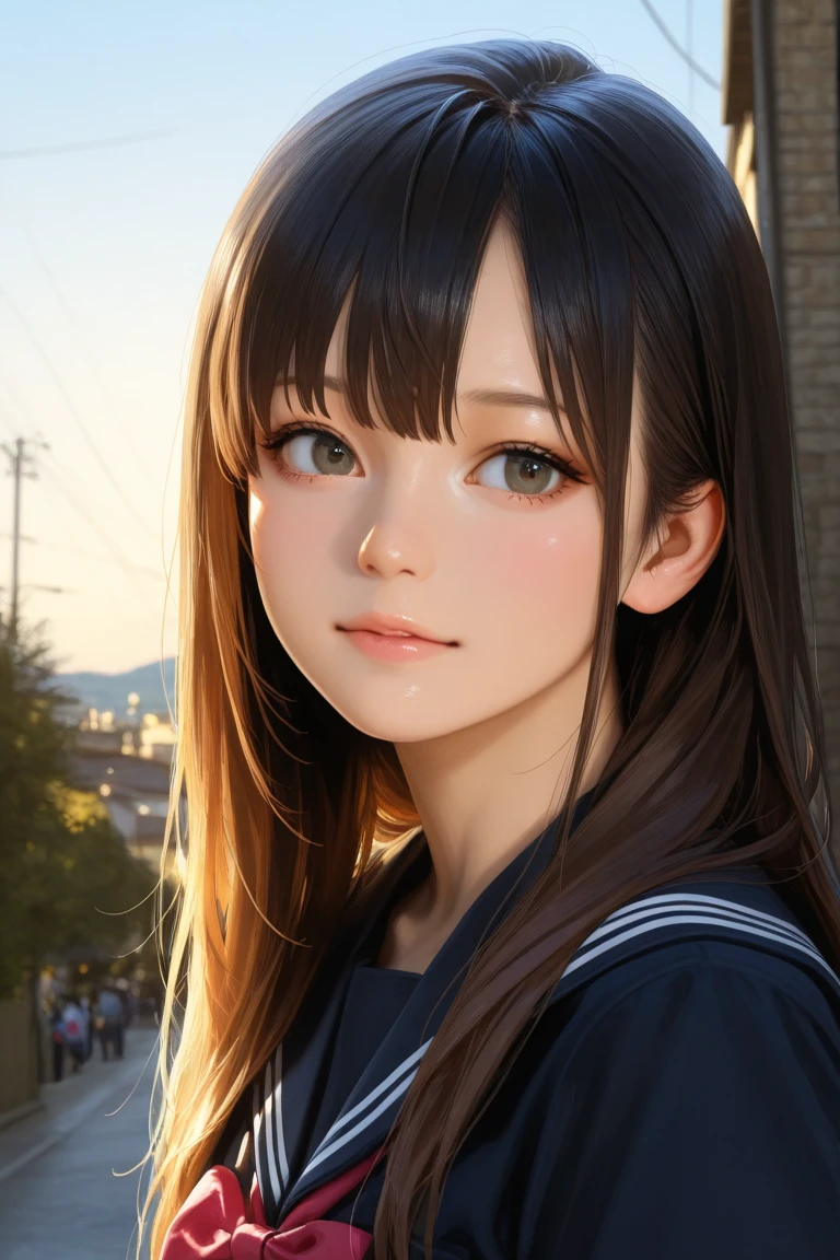 Best quality, masterpiece, super high resolution, (realistic: 1.4), original photo, head photo, skin, simple background, black eyes, detail, selfie, 1 girl, school uniform, on the playground side, looking at the audience,