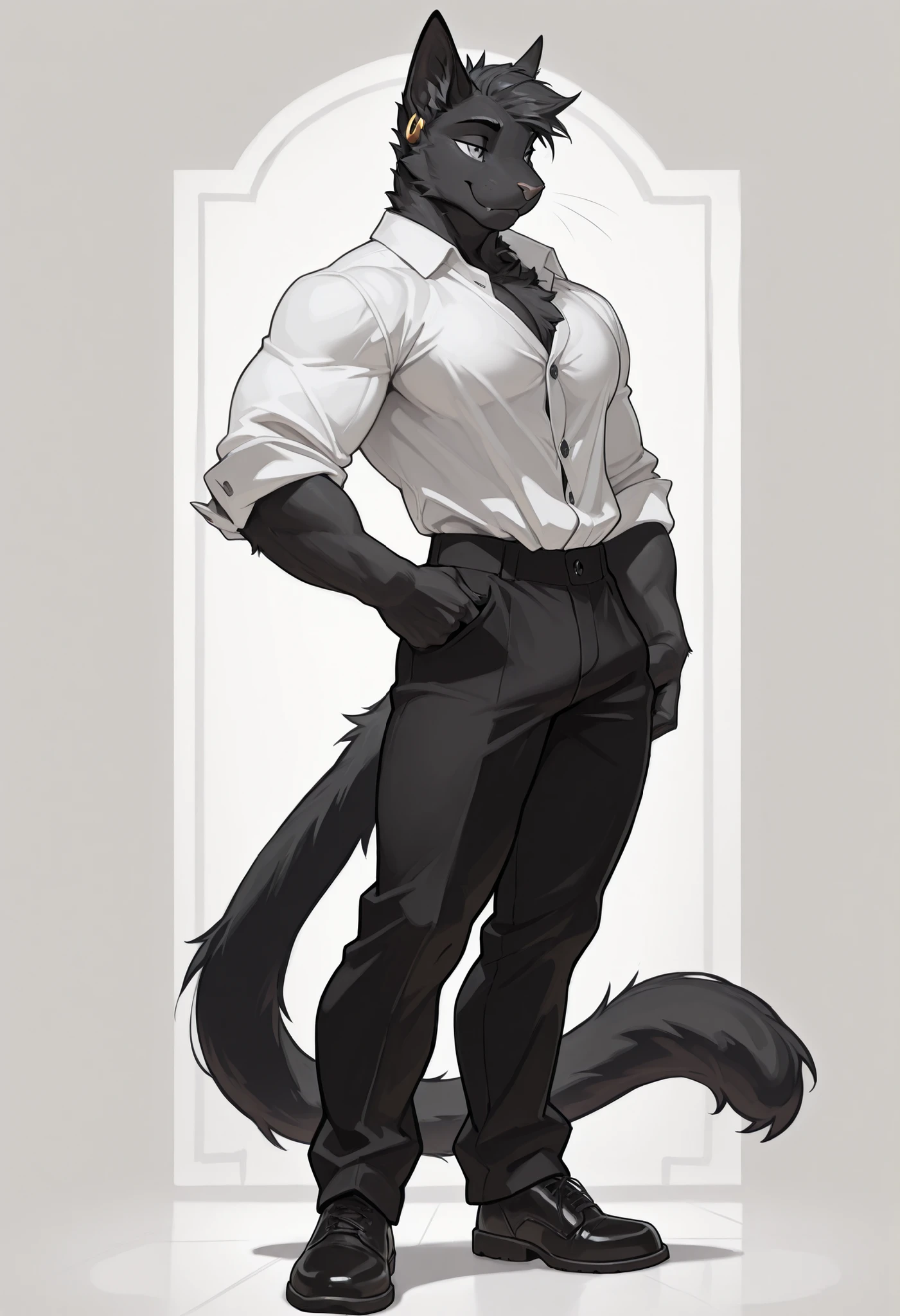 masterpiece, best quality, anthro cat with all black fur, male, solo male, tall, (smooth body), smooth body, grey eyes, gold earrings, lean modest muscular figure, (full body), wearing button up shirt and black pants,