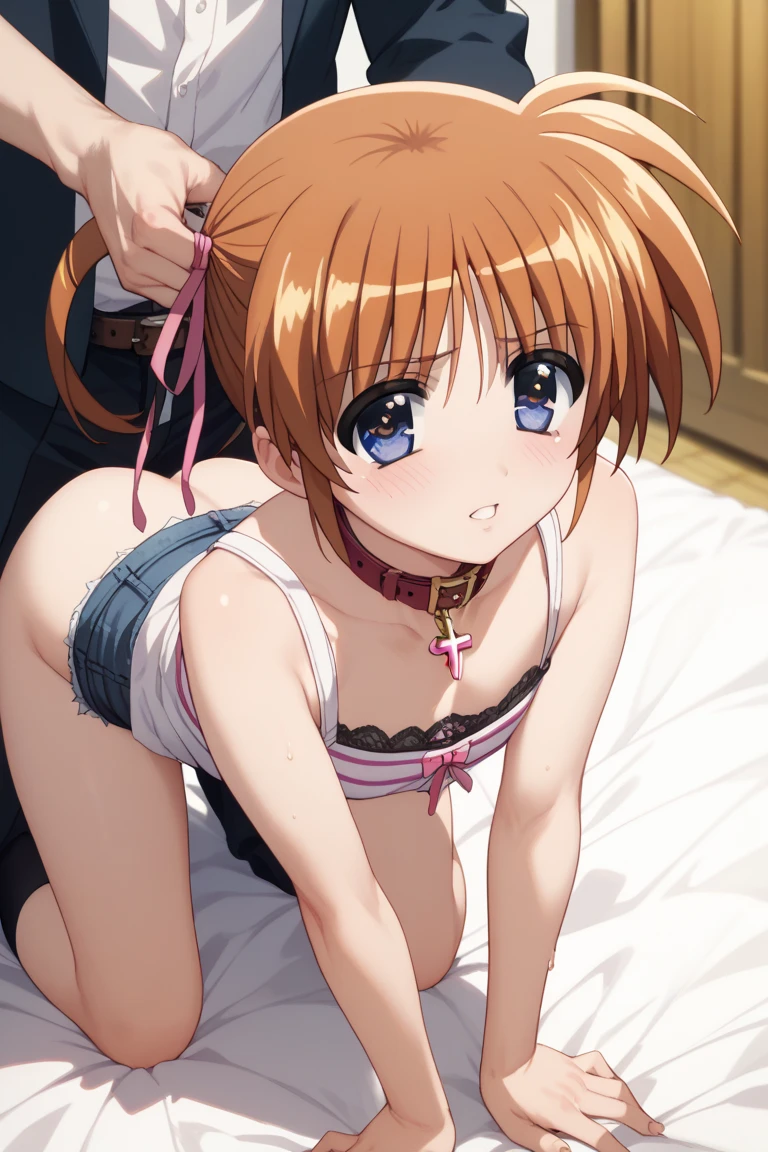 1boy, 1girl, sakuragi mano, idolmaster, keihh, nsfw, bikini, lying, on stomach, sex, mating press, all four, boy on top, looking down, from side,