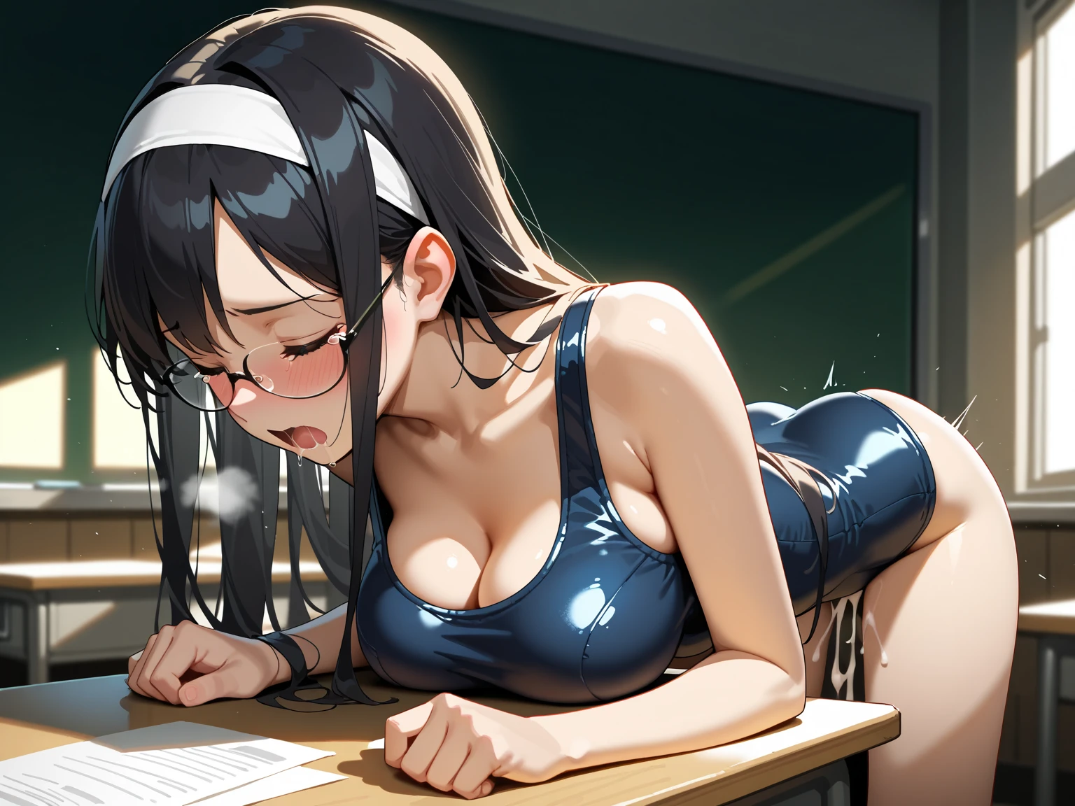 highest quality,wonderful,finely,extremely detailed CG Unity 8K wallpaper, (1 girl,black hair, short hair, double bun), (midium breasts:1.2), (blindfold :1.4), (arms behind head:1.4), (school swimsuit:1.1), (bare shoulders:1.1), (clavicle:1.1), (underboob:1.3), (open mouth:1.2), (long tongue:1.2), (mouth drool:1.2), (zettai ryouiki:1.2),(constriction:1.2), (Are standing:1.2)