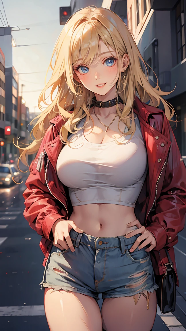 (masterpiece:1.2), best quality, Pixif, Cool Girl, brilliant, Blonde hair, street, shorts, Large Breasts，Eyes shine and look up.Stick out your tongue,Tongue spit