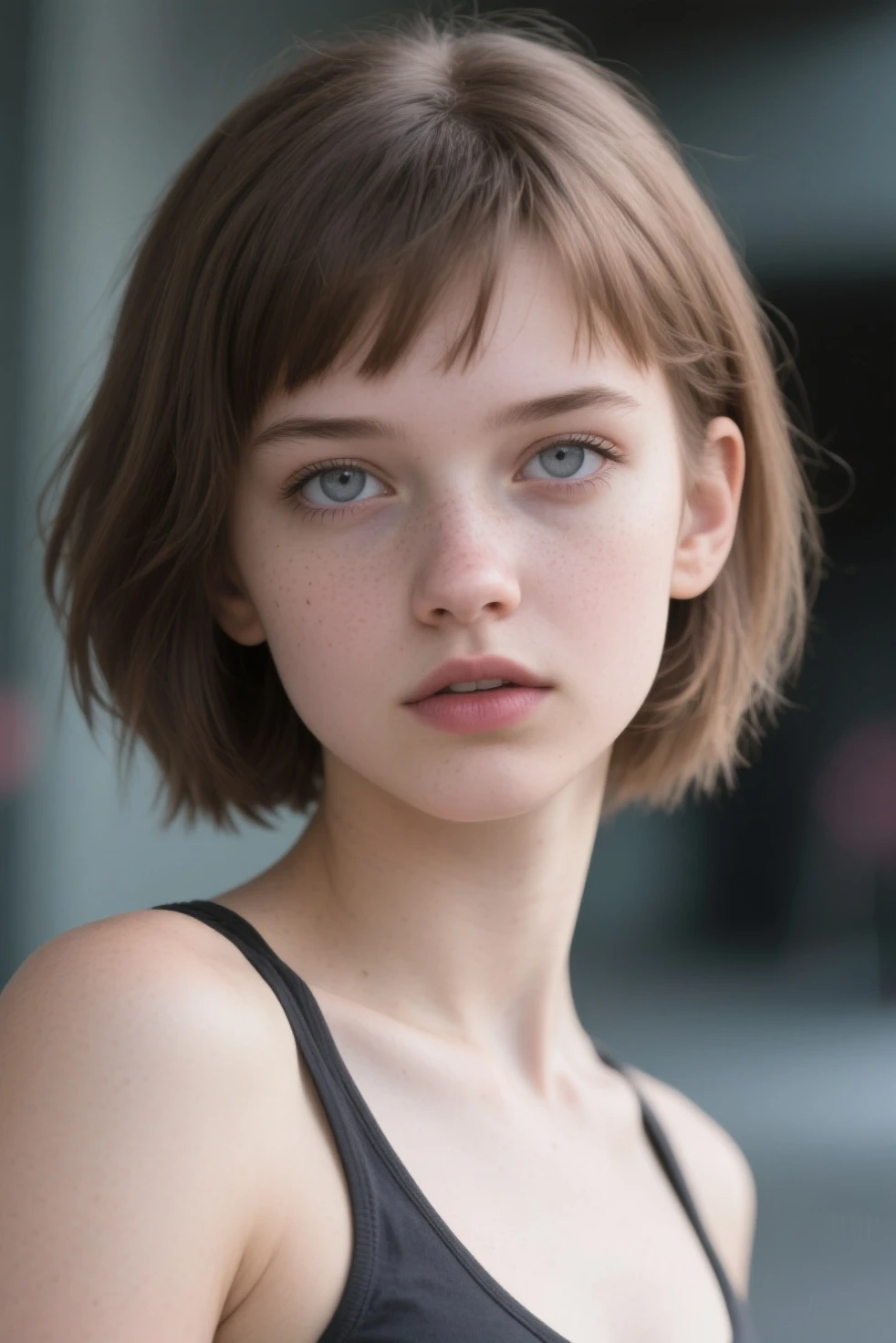 (Mejor calidad,Hyper realistic,ultra detallado,8k), adolescente, Fifteen years old, Shy, triste, palidez, Grandes ojos azules, piel muy blanca, small nose, short brown hair with bangs, melancholia, Delicado, femenino, cuerpo delgado, garden of a thousand white roses, Torre Eiffel.
