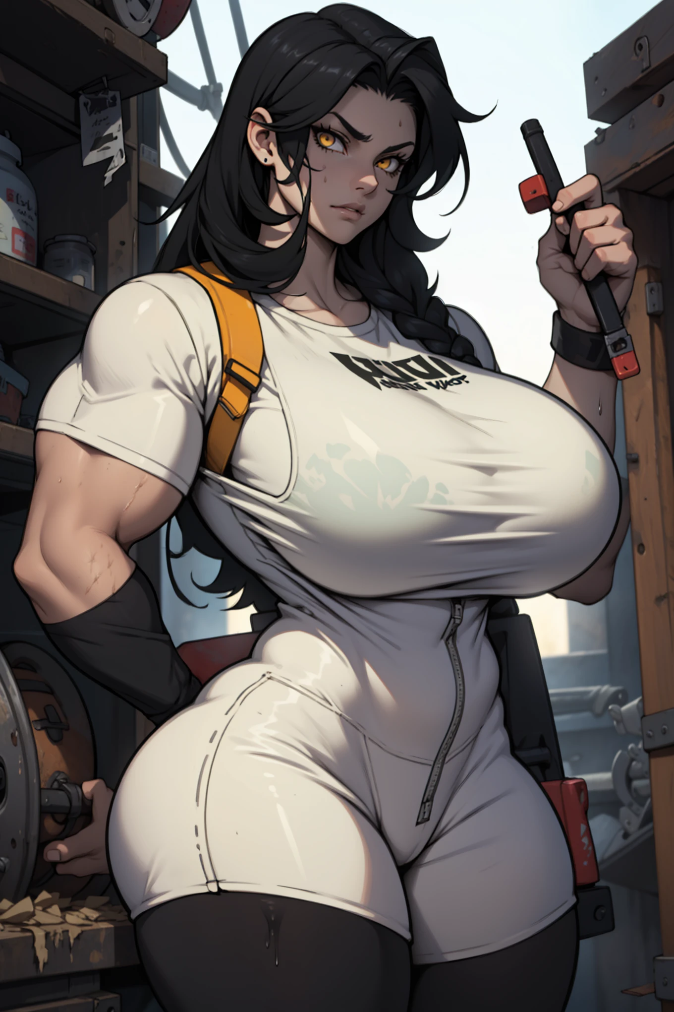 expressionless sad girl muscular girl thick girl pale skin girl black hair girl yellow eyes girl skindentation midriff navel abs flat chest girl long hair hair between eyes leggings tight shirt thick thick thick thick thick thick thick thick thick thick thick thick