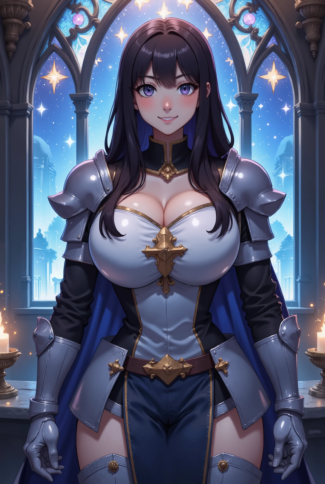 Mature woman, purple hair, huge breasts, 9 fox tails, fox ears, battle outfit, serious expression, mage armor, floating in the sky, clouds, holding giant orbs of fire and ice, glowing eyes