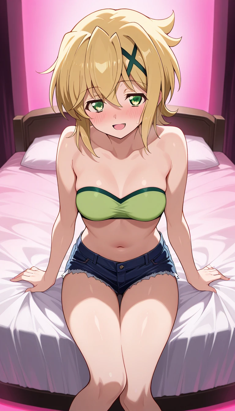 18 year old young woman, com face pura, pleading and joyful, blond, Messy hair, greeneyes, breasts small,without clothes in the bed.