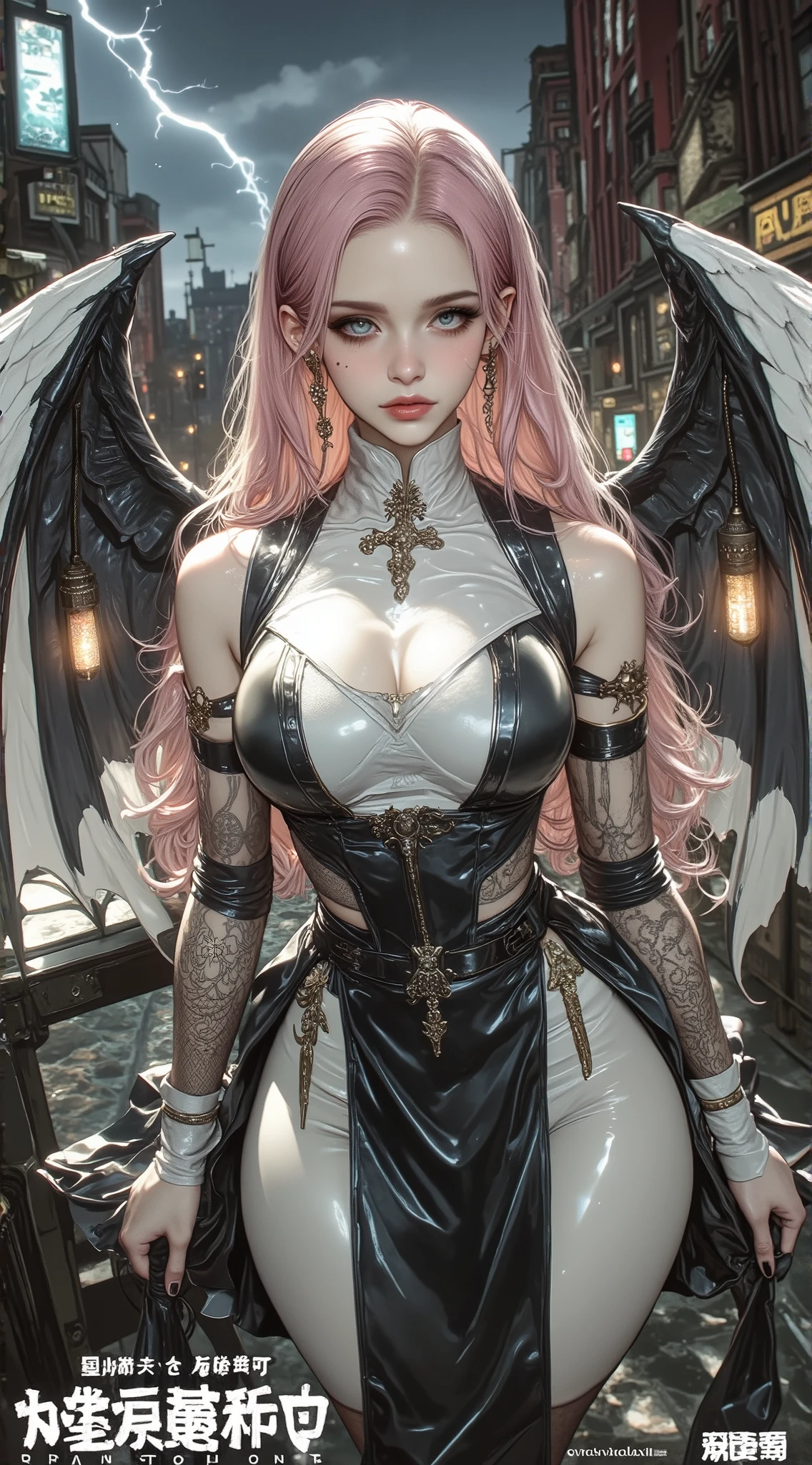 (16k, RAW photos, top quality, masterpiece:1.5), (realistic, photorealistic:1.37), (ultra detailed:1.5), (high detail skin:1.5), 8k UHD, (full body:1.1), dslr, high quality, film grain, shining Nordic eyes, professional lighting, photon mapping, ((best quality)), ((masterpiece)), ((very high detailed body:1.5)), ((high detailed black fallen angel gown:1.5)), (( ultra sharp focus:1.5)), ((very high detailed realistic setting of an enchanted church:1.5)), (((2 incredibly beautiful and ultra realistic angelic supermodel girls))), ((varying facial features)), ((must have exotic body jewellery:1.3)), ((colourful stilettos)), ((Ukrainian and Norwegian mix)), ((all have pale snow like skin)), ((super models face)), ((perfect slender bodies:1.5)), ((seductive laughing)), ((blonde and pink hair:1.3)), ((all must have pale oiled skin)), ((must have pink heavy make up)), ((full pink lips)), (((must have varying facial features))), (((must have varying hair styles))), ((always together)), (seductive smile), ((sparkling colorful thigh highs)), ((ultra realistic)), ((real life)), ((high resolution)), ((ultra realistic)
