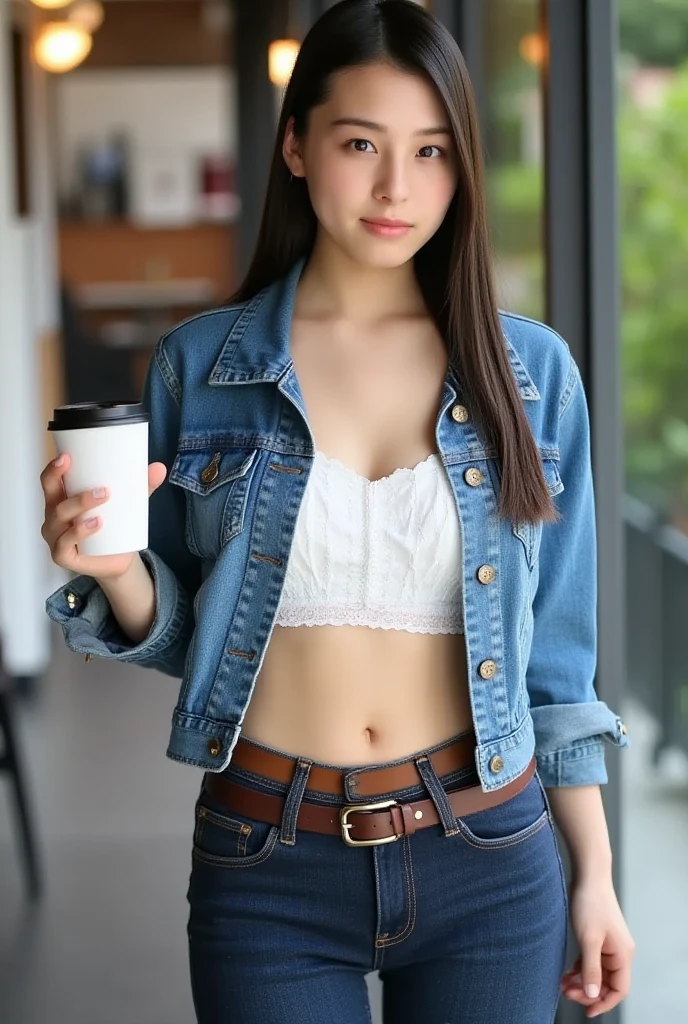 (masterpiece, Best Quality, ultra-detailed, high resolution, extremely detailed CG, official art, Professional Lighting, Perfect Anatomy, anime colors), (from below), looking at viewer, cowboy shot, perfect body, a 24yo beautiful girl, sidelocks, hairband, earrings,medium hips, glamorous body,a small face,beautiful-makeup,Makeup light,dark brown hair, Amazing Cleavage, thin waist, cute ass, Raised sexy, small breast: 1.2 posed cleavage:1.2, (off shoulders,Denimbra,legginullnude), micro denim shorts, bare legs, nail_polish, pale skin, Waiting friend, (morning:1.5), tokyo, (convenience store:1.3), outdoor, (depth of field:1.3), contrapposto, (Hold a coffee in your hand:1.3),delicate beautiful face, Bright blue eyes, cute eyes, sparkling eyes, Big eyes, (perky chest:1.1), (pointed chest:1.3), looking at viewer,

