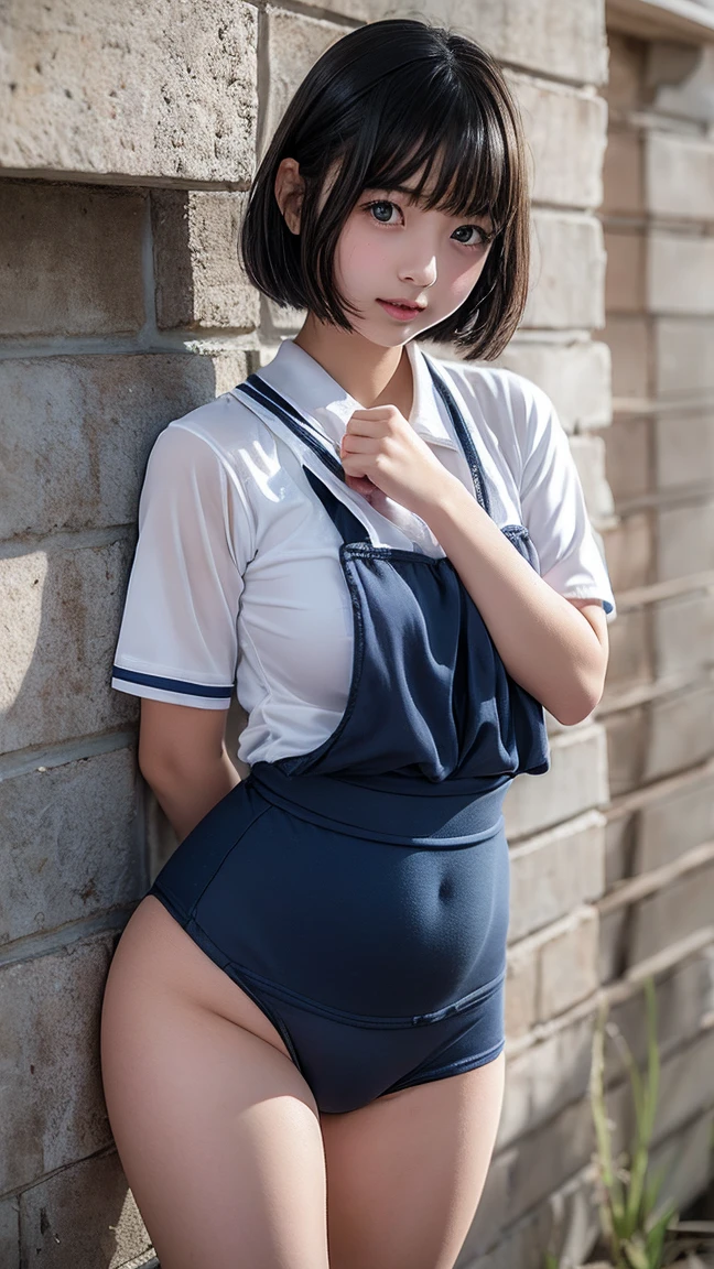 (((15years old pretty girl))), ((highest quality)), ((masterpiece)), (realistic), perfect face, ((wearing a long sleeve leotard)), 8K, ultra high resolution, (Photoreal:1.4), golden ratio, ultra high resolutionの写真, (complete limbs), (normal limb), (Put your hands behind your head to show your armpits), Sigma 85mmF/1.4, 50mm Lenac lighting, hyper real, Clothes that are too close to the skin, (perfect limbs), beautiful thighs, ((white collar and string tie)), thin eyebrows, nffsw, RAW photo, Too cute small face, 1 Japanese female, modest chest, thin waist, (hands behind), ((white collar and tie)), young and beautiful girl, ((slender body shape)), attractive face, really small nose, lots of sweat, Very cute little face, (short hair), wonderfully cute little face, glossy lips, long eyelashes, thin eyebrows, (Wet with cloudy liquid), Navy leotard with too thin fabric, Clothes that are too close to the skin, wet thighs, erect nipples,realistic写真, (smooth thighs), 15 year old girl, Outdoors in the park, Real Girl, (((A very cute 15 year old beautiful girl))), Panting look, (detailed crotch), Kneeling and open leg pose