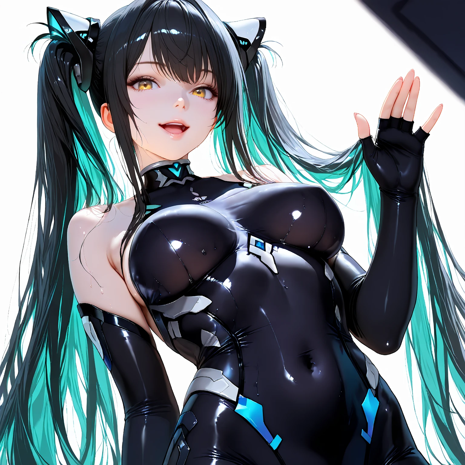 {{1 female},{{{{{Tabletop++, Highest quality++, Very detailed+, Ultra-high resolution,(Realistic:1.4)Cowboy Shot,hatsune miku, (Vocaloid)RAW Photos,(hatsune miku)+,(hatsune miku)+, (Vocaloid) Expressionless, Light blue hair, Red eyes ,clavicle, Twin tails, ((Black Bodysuit 1.6)),so beautiful, Highest quality, Absurd, One Girl, Brainwashed,}}}} Hollow Eyes,(Eyes glow red :1.4)), ((Big Breasts:1.5))、(The shape of the genitals is clearly visible)) cyber punk, Dark Lab, Dark Room,(Neon Light:1.2), (night:1.5), (Stand up and raise your right arm in a salute, place your left hand on your hip)