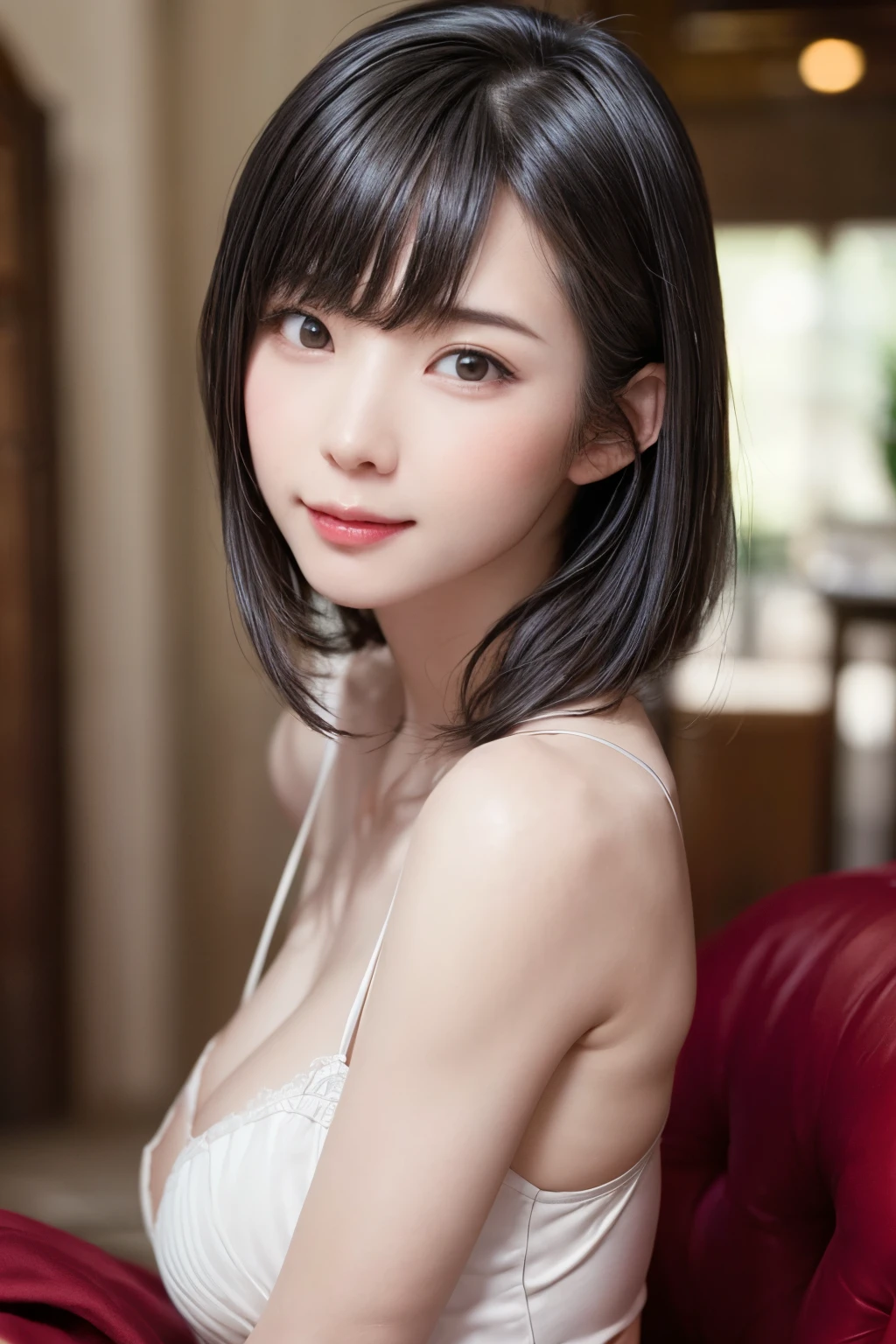 (table top, highest quality、ultra high resolution、very attractive beauty、Adds intense highlights to the eyes、look closely at the camera:1.4、Absolutely beautiful bangs:1.4、Brunette's short bob hair with bangs:1.4),1 girl, alone, black haired, scarf, have,, realistic, looking at the viewer, pale black eyes, short hair, coat, Winter clothes, White headscarf, lips, lip gloss, Upper body、Big eyes、eyelash)、((italian roads、ハイパーrealisticスティック:1.4))、((short hair with bangs:1.4、Beautiful bangs with 46 points:2、{Huge|big|Hugeな|mega} chest, cleavage、Big eyes、Give students very powerful highlights、very bigger chest、look at the audience、very beautiful beauty、please show me your ears、long neck、smile a little、beautiful teeth、open your mouth and smile))、28 years old、very cute super model