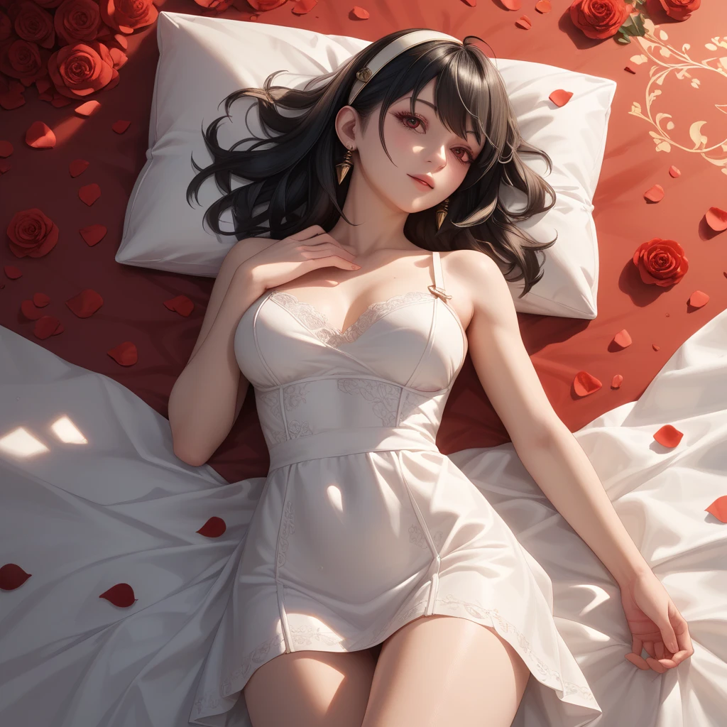 She has black hair,Wearing a white miniskirt,Kneel on a bed covered with roses,One side of the sling falls to the arm,One hand pulls the sling of the other,Reveal fragrant shoulders,The other hand lifts the hem of the dress,The looming red lips bit lightly,Eyes like silk