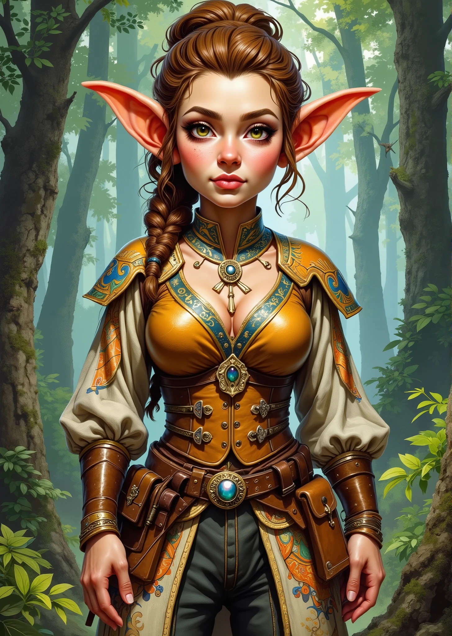 An extremely detailed comic book illustration of a stunningly beautiful extremely curvaceous Gnome from Dungeons and Dragons petite magical folk with big eyes and pointed ears created by gods of invention and illusion seldom seen by other folk due to the gnomes' secretive nature and their propensity for living in forests and burrows making up for their small size with the cleverness trained as a Dungeons and Dragons Beast Master Ranger who keep their unending watch in the wilderness learning to track their quarry as a predator does moving stealthily through the wilds and hiding themselves in brush and rubble able to cast spells that harness the primal powers of the wilderness who forms mystical bonds with mighty beasts drawing upon primal magic and a deep connection to the natural world wearing a vibrant and intricately designed outfit that reflects both her warrior spirit and cultural heritage featuring a combination of leather and decorative armor pieces with a fitted breastplate that is richly adorned with intricate patterns and motifs with a warm earthy tone with metallic accents with sheer long flowing sleeves that are made of a lightweight fabric intricately patterned with designs that complement the armor and enhance the overall aesthetic with a wide belt cinching her waist decorated with ornate buckles and pouches for carrying essential items featuring vibrant colors and patterns with greaves that match the design of her breastplate decorated with similar motifs her hair is styled in a way that is both practical and beautiful braided and adorned with beads in an art style inspired by Frank Miller and Conan the Barbarian. The Background is awash in textured brushstrokes in forest tones. Standing in a dynamic action pose. Trending on Art Station.