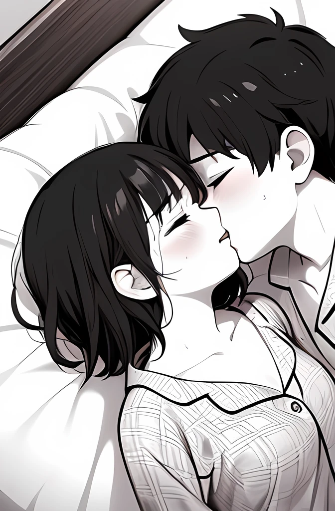 ((( Line art ))),((( monochrome))),lying bed ,lying down,kiss ,1boy ,1girl,couple ,hetero ,age , 1 boy,short hair,black hair, 2 girl ,iris , Dark Eyes ,((closed eyes)) ,( small eyes ),(Slanted Eyes) ,trace of tears ,(black hair),( short hair ),bangs ,((sleeping face)) ,closed mouth ,(((pajama))) ,big breasts ,in the house,bedroom ,on the bed,upper body ,angle from above,(girl focus:1.6),