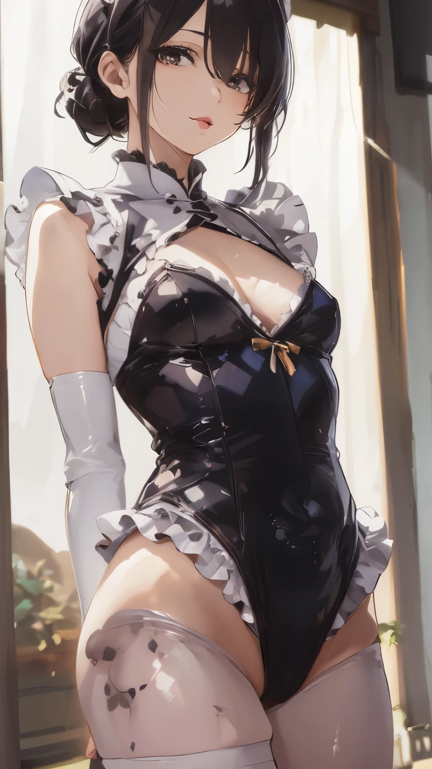 White hair , short hair, pinched eyes, (big-:1.5) , Thin legs, thin body, leather collar, Maid outfit victorian, dynamic pose, full body, View from below, wide hips, Kneeling