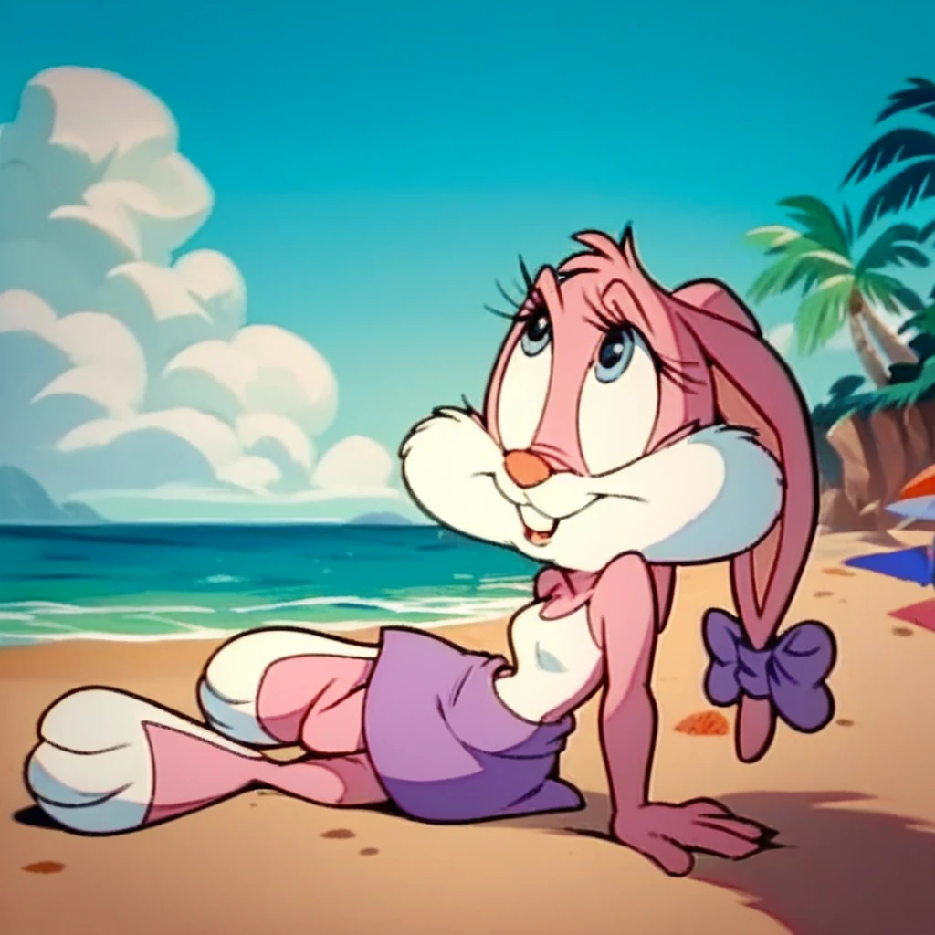 (source_furry, source_cartoon, rating_explicit, score_9, score_8_up, score_7_up:1), solo female, 1girl, furry, rabbit, tiny toon adventures, babs bunny, buck teeth, smile, rabbit tail, bow, sling bikini, outdoors, beach, chibi, screencap