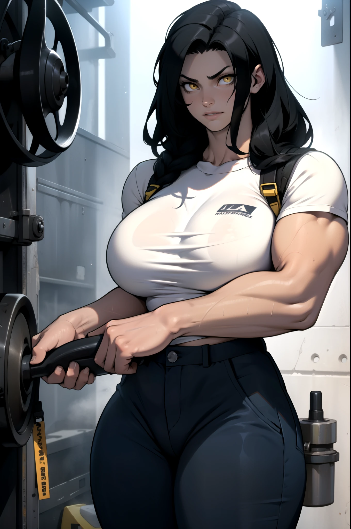 female pale skin 1girl muscular toned body huge breasts thick thighs black hair yellow eyes bodybuilder (tight shirt and pants long hair huge breasts)
