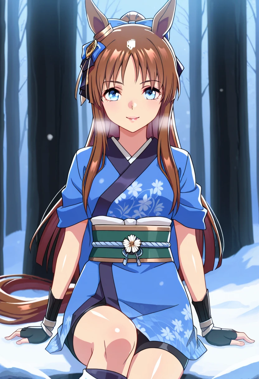 score_9, score_8_up, score_7_up, source_anime, solo, 1girl, looking at viewer, absurdres,highres,masterpiece,best quality,amazing quality, ultra detailed anime style, anime coloring, shiny skin, perfect eyes,detail1eye,well-defined fingers, , umagw , horse ears , horse tail , blue eyes , hair bow , long hair , brown hair, Japanese clothes , Bike shorts , black fingerless gloves , leg warmers , sash , hair ribbon , looking at the viewer , lips, midnight forest, cold, fogs, close_up, smile, happy pose