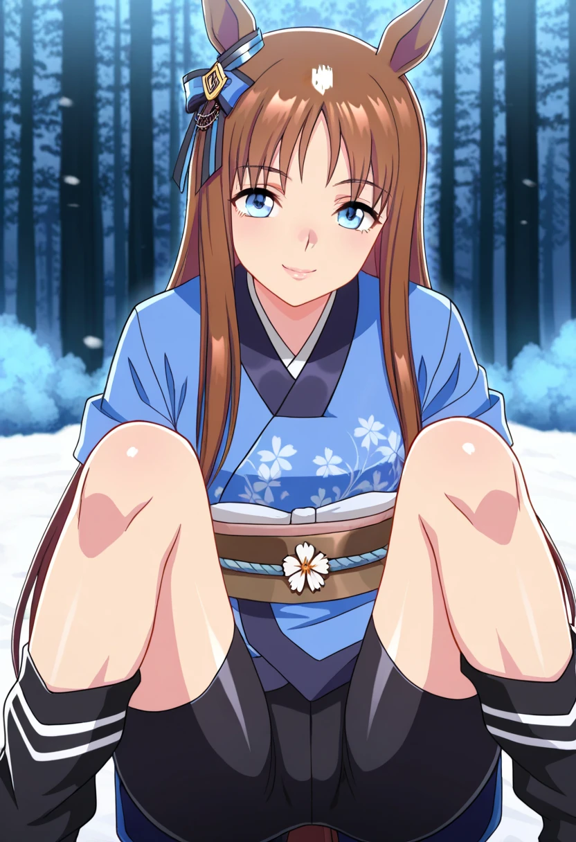 score_9, score_8_up, score_7_up, source_anime, solo, 1girl, looking at viewer, absurdres,highres,masterpiece,best quality,amazing quality, ultra detailed anime style, anime coloring, shiny skin, perfect eyes,detail1eye,well-defined fingers, , umagw , horse ears , horse tail , blue eyes , hair bow , long hair , brown hair, Japanese clothes , Bike shorts , black fingerless gloves , leg warmers , sash , hair ribbon , looking at the viewer , lips, midnight forest, cold, fogs, close_up, smile, happy pose