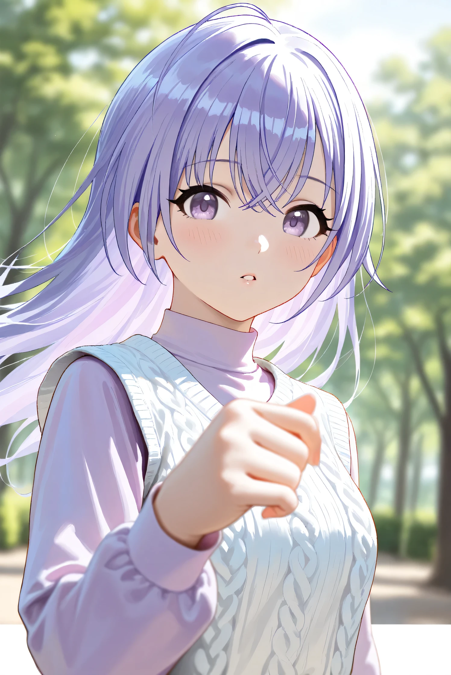 (Masterpiece), (Highest quality), (Very detailed),
(The best shape), (Best Shadow), (Absurd),
(Detailed background), (So beautiful), Shiny ,
Extraordinary, Countershading, 8k, 32K, High resolution, Beautiful eyes in every detail,
Very Detailed CG, UHD,
Score_9, Score_8_up, Score_7_up, Source_anime,
(Pastel painting:1.2), (Watercolor painting:1.2),
(Masterpiece, Detailed:1.2), (Foreshortening:1.2),
Cinematic, Dramatic, (Depth of field:1.4),
(Blurry background:1.4), (Realistic background:1.4),
(Foreshortening:1.3),Dynamic angle, 1 girl,
Outdoor, Nature, Park, Wind,
Suzuki Hana,
The idolmaster shiny colors,
hana suzuki, purple hair, purple eyes, long hair,
(Casual wear:1.3),
vest, white vest, Wool knit vest,
(High neck shirt:1.1), light purple shirt, long sleeves shirt,
Focus on face, close up shot,
(Blush:1.3), parted lips, (tilt her head:1.1),
Realistic skin, Shiny skin,