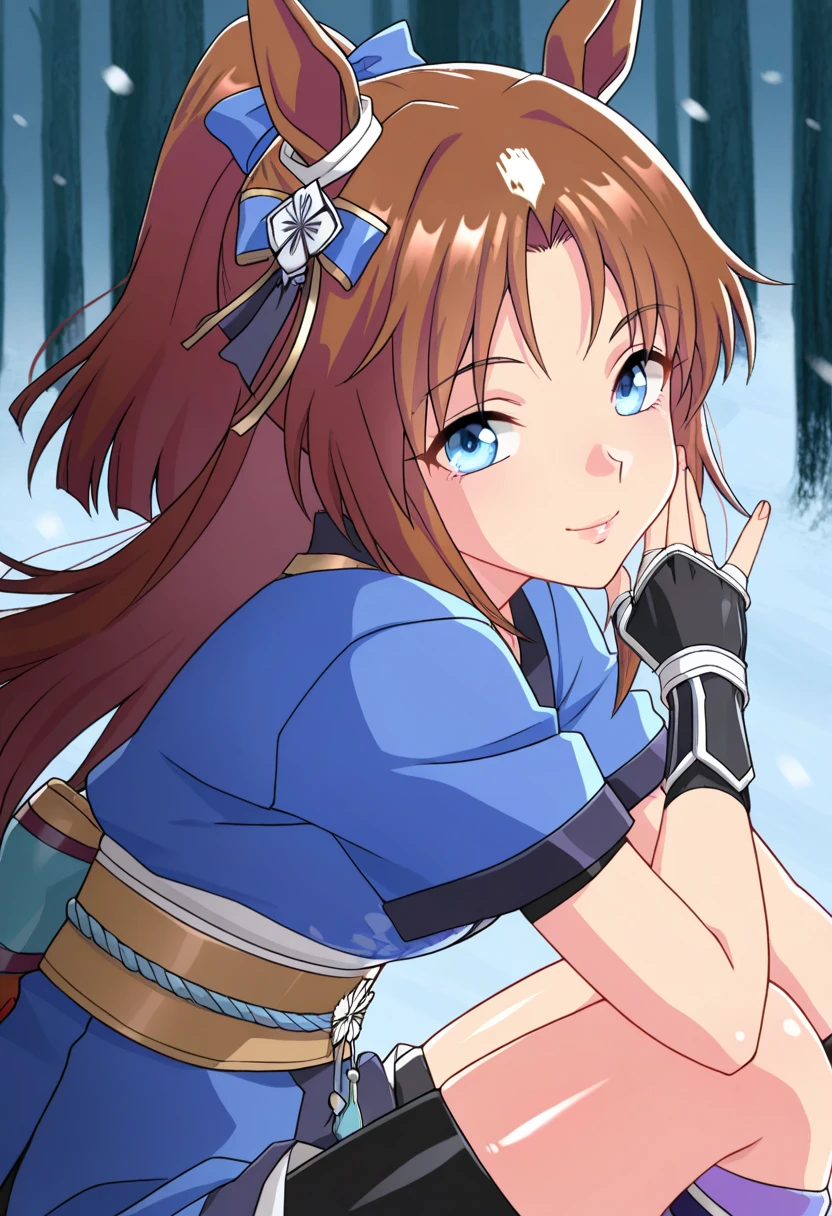 score_9, score_8_up, score_7_up, source_anime, solo, 1girl, looking at viewer, absurdres,highres,masterpiece,best quality,amazing quality, ultra detailed anime style, anime coloring, shiny skin, perfect eyes,detail1eye,well-defined fingers, , umagw , horse ears , horse tail , blue eyes , hair bow , long hair , brown hair, japanese clothes, sash, gloves, fingerless gloves, short sleeves, bike shorts,ninja,sash,obi, pink purple socks,tabi , looking at the viewer , lips, midnight forest, cold, fogs, close_up, smile, happy pose,sfw